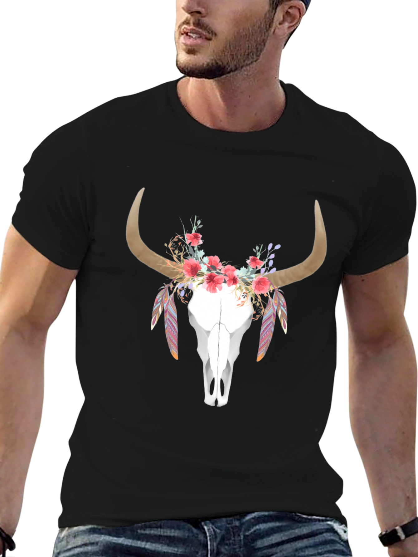 Black Floral Bull Skull Graphic T-Shirt view 6