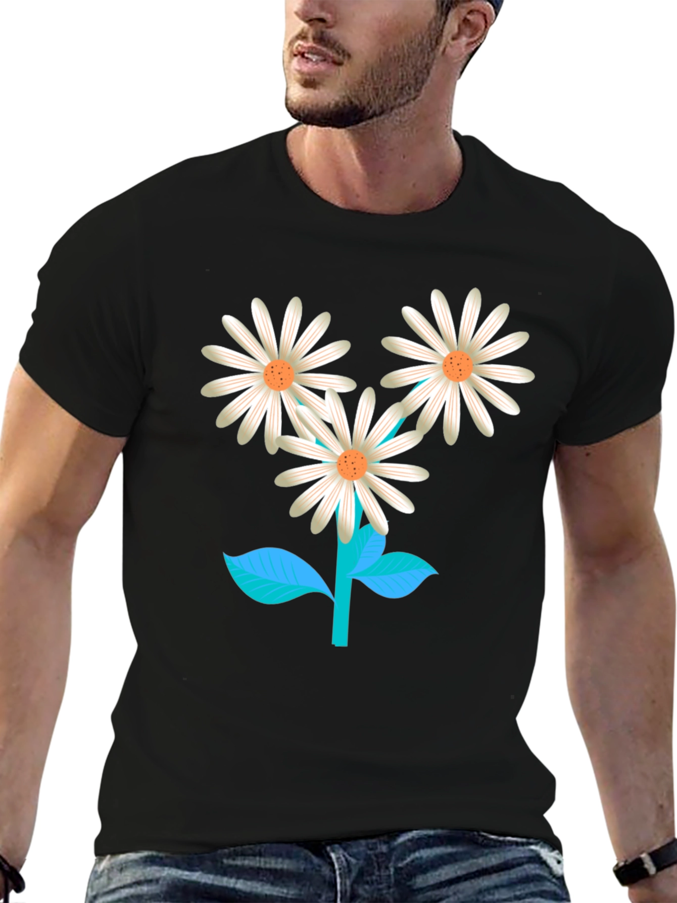 Black Floral Graphic T-Shirt: Daisy Design view 6