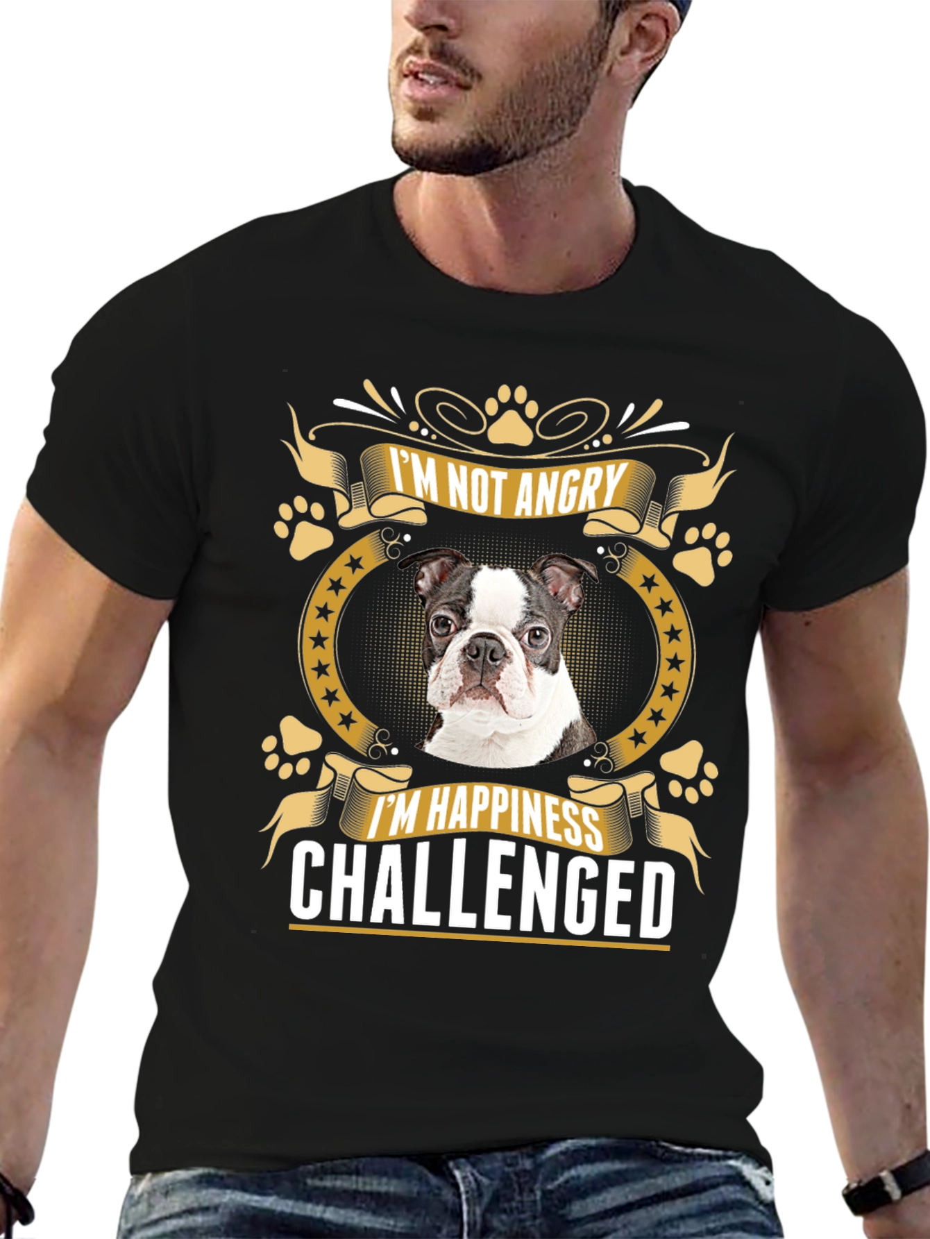 Black Funny Dog T-Shirt - I'm Not Angry, Happiness Challenged view 6