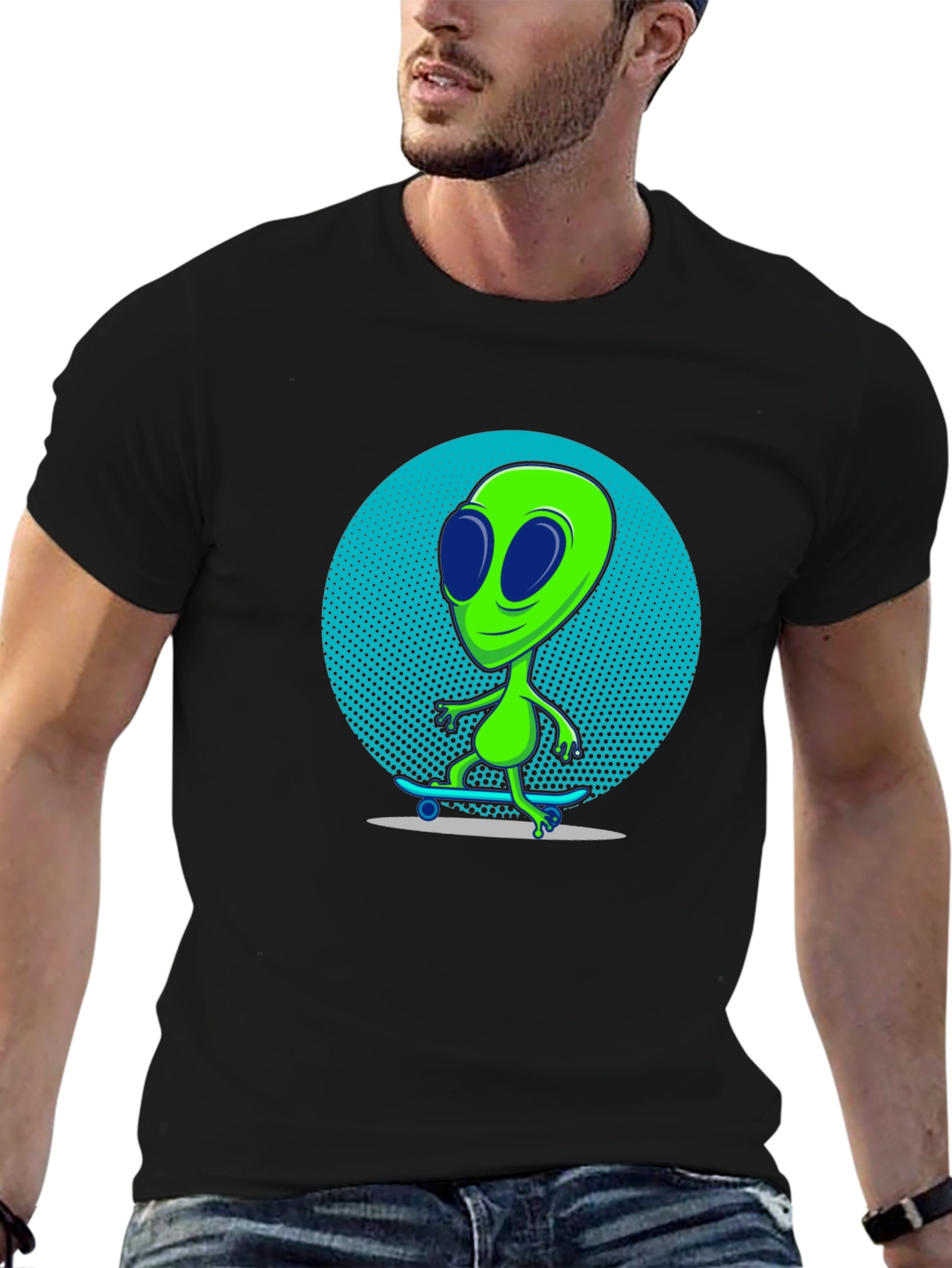 Black Alien Skateboarder Graphic T-Shirt - Black view 6
