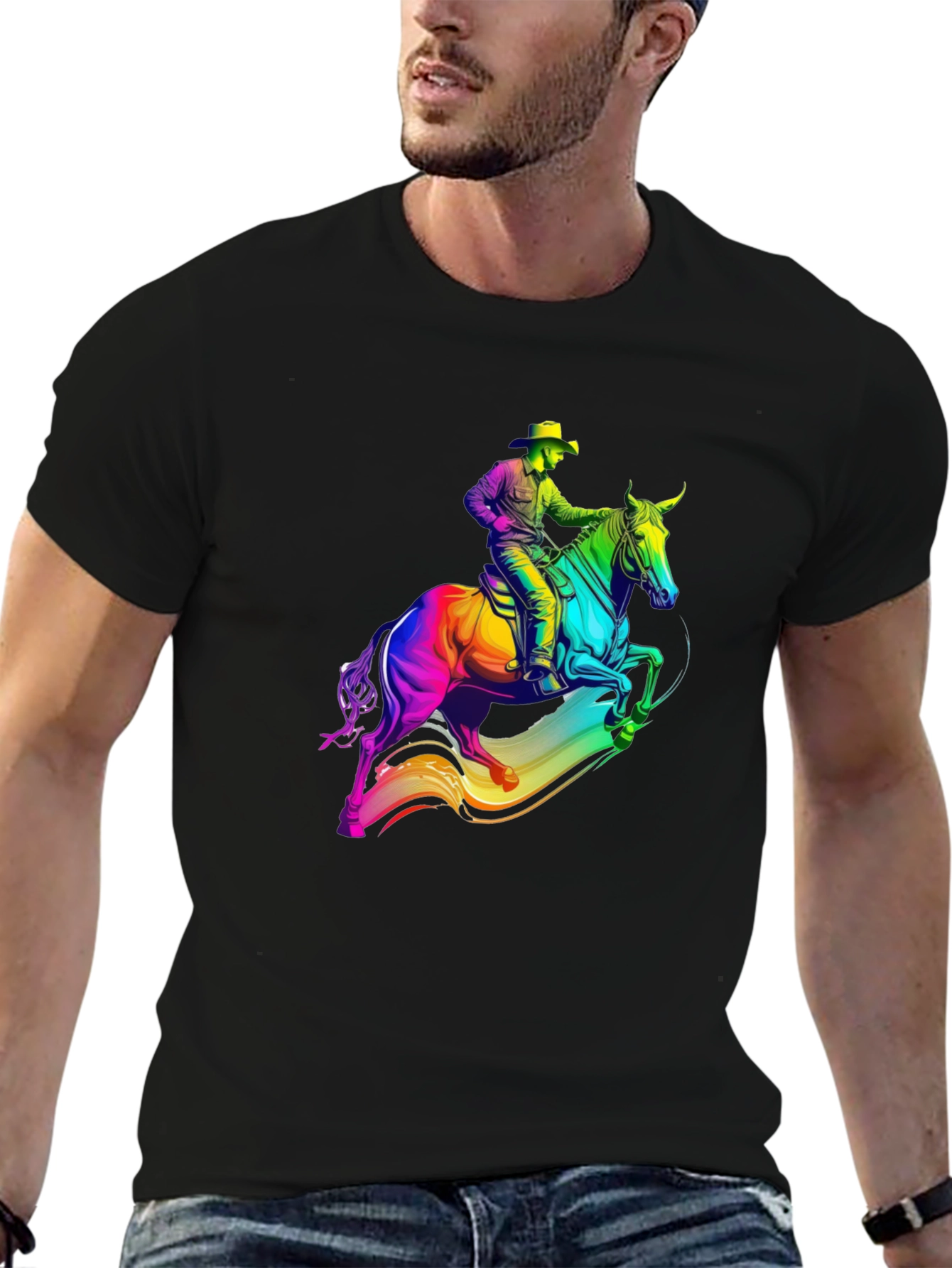 Black Rainbow Cowboy Horse Graphic T-Shirt view 6