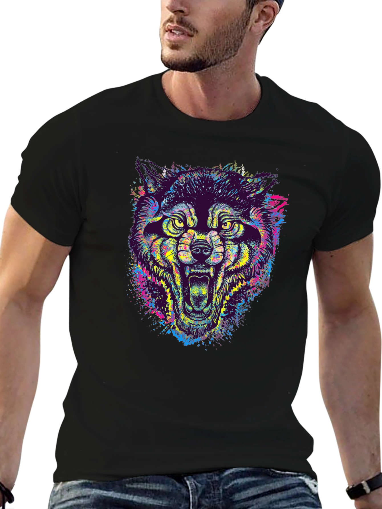 Black Colorful Wolf Graphic Tee - Unique Animal Print T-Shirt view 6