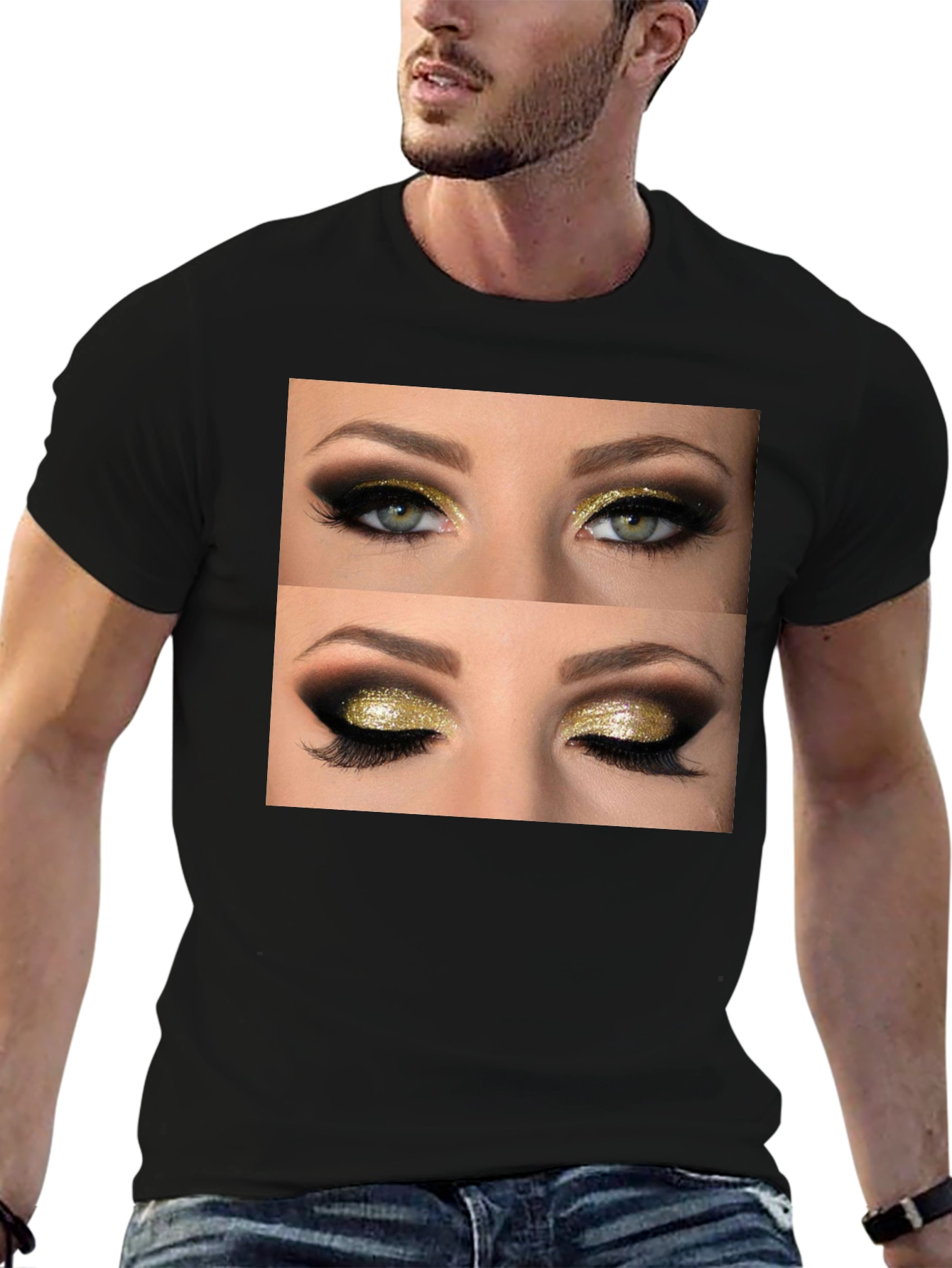 Black Glam Eyes Graphic Tee - Black Cotton Casual Wear view 6