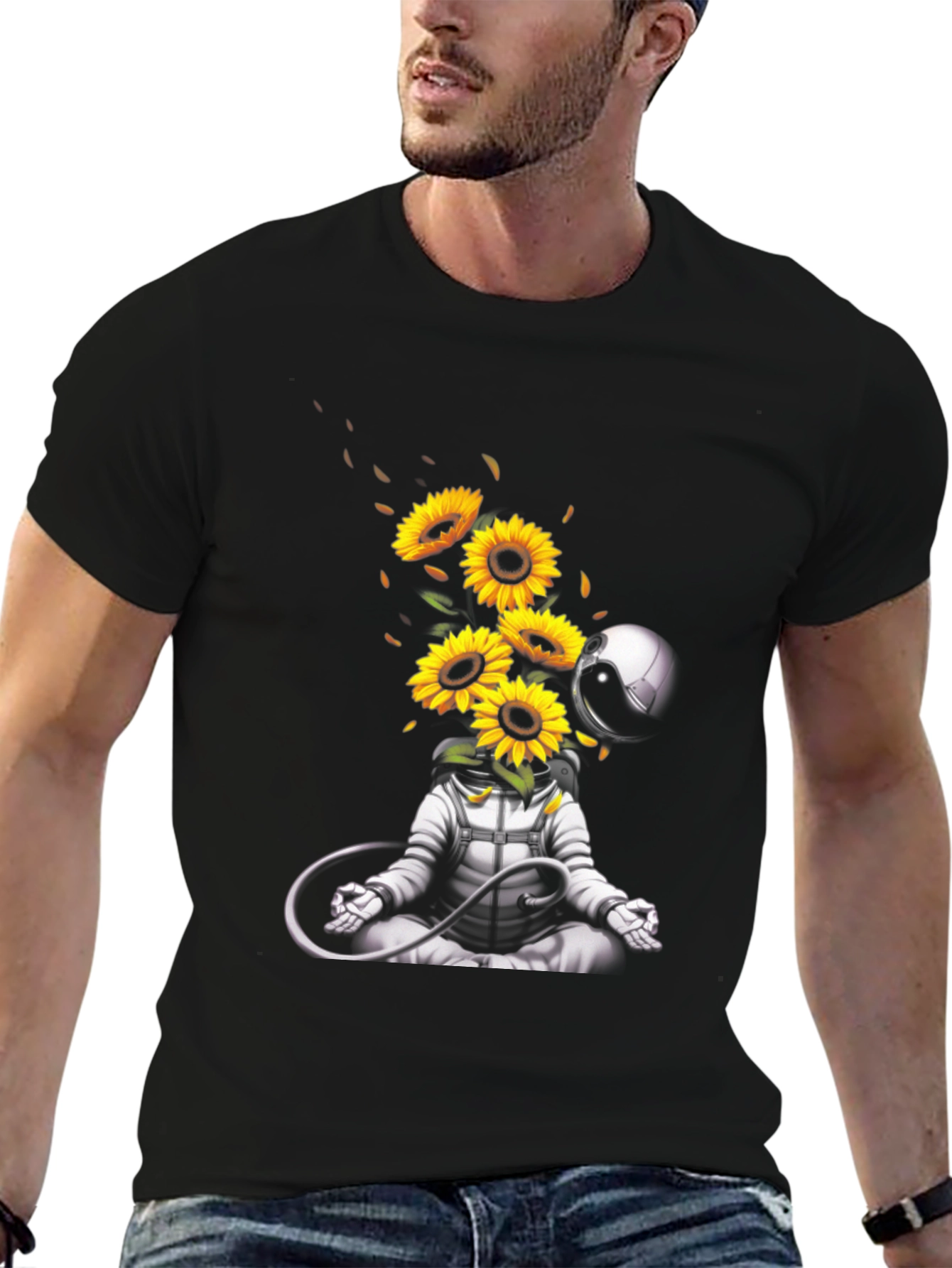 Black Meditating Astronaut with Sunflowers Graphic T-Shirt view 6