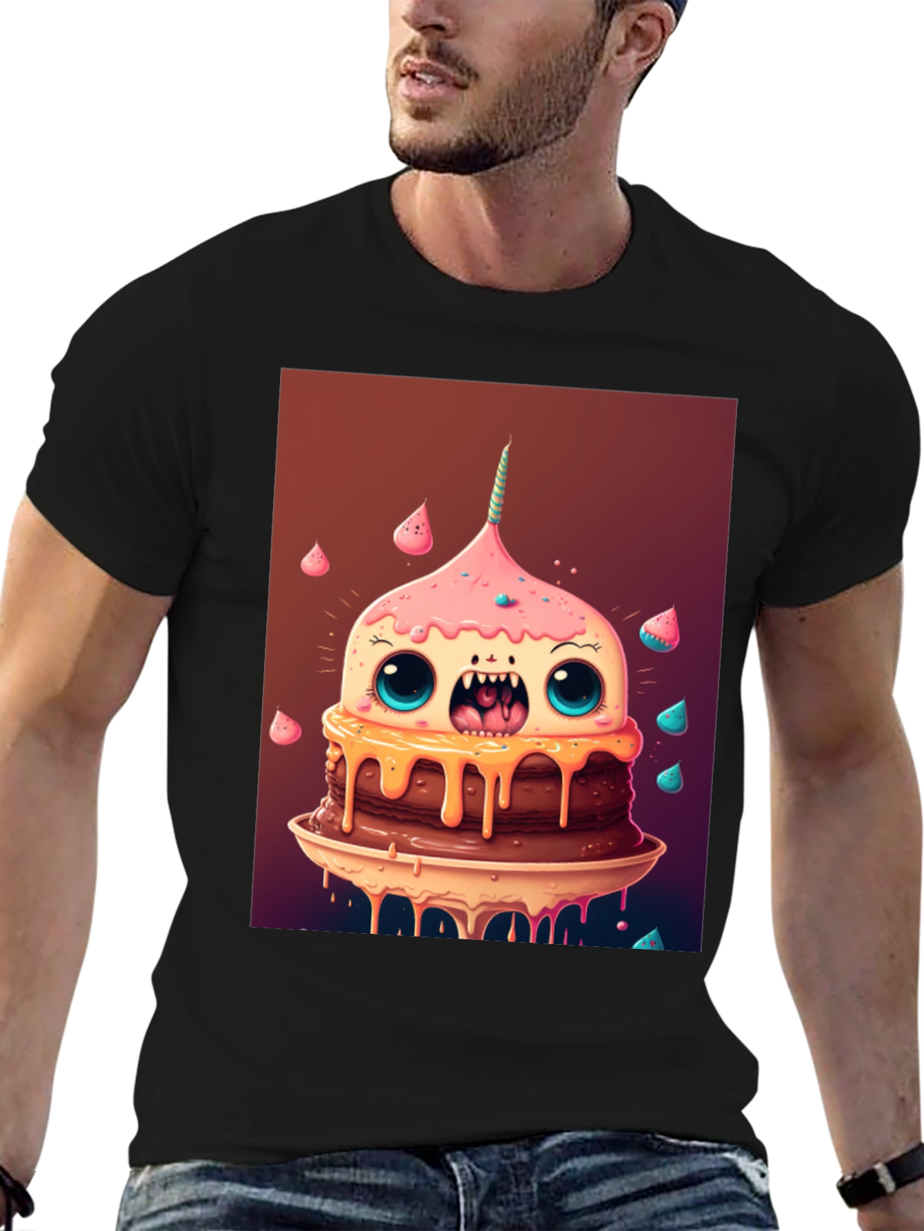 Black Monster Cake Graphic Tee - Unique Cartoon T-Shirt view 6