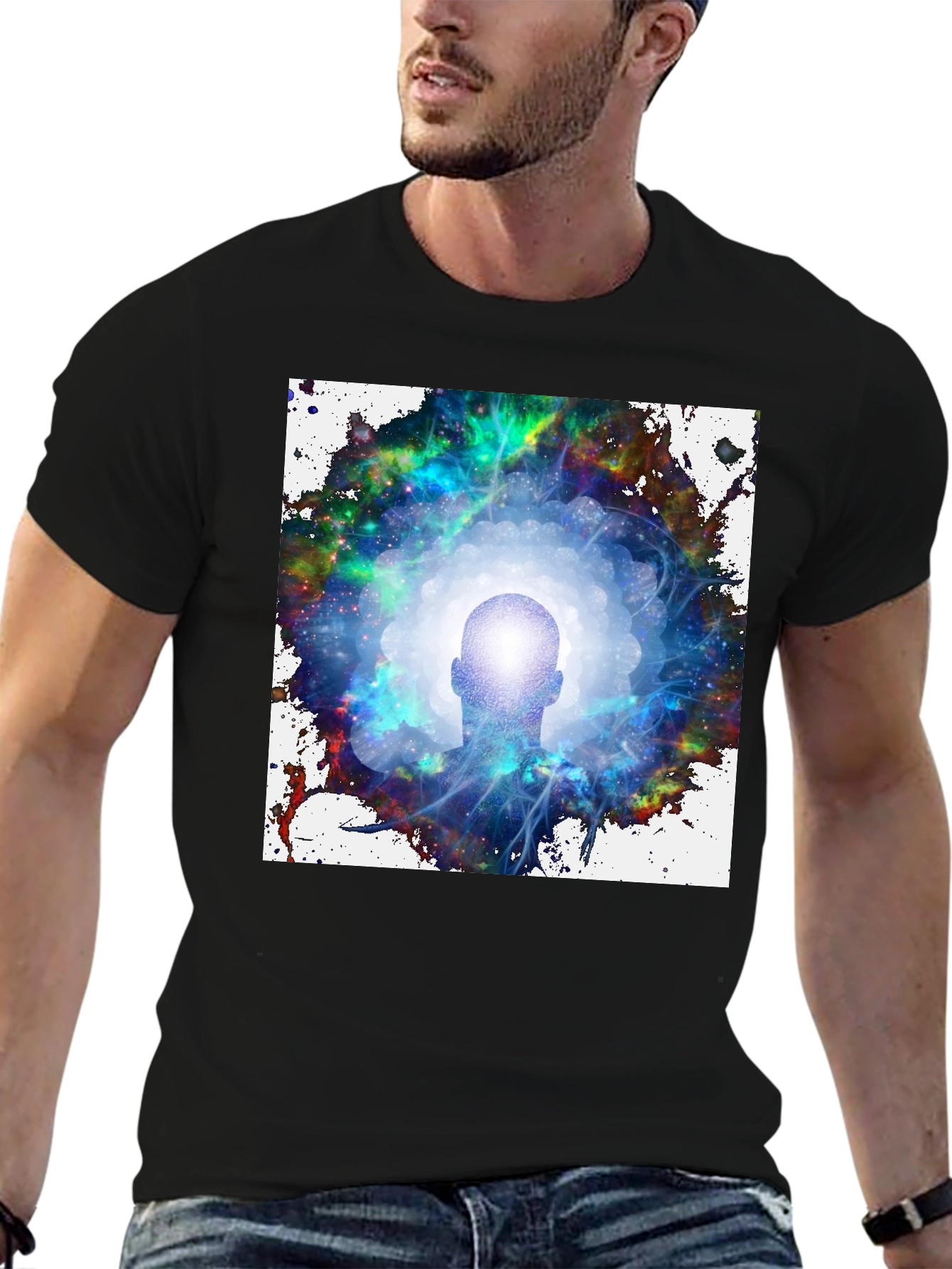 Black Mystical Head in Galaxy Men's Black T-Shirt view 6