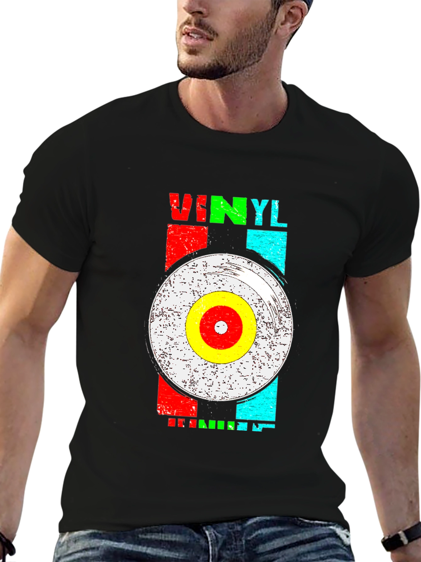 Black Retro Vinyl Record Graphic T-Shirt view 6