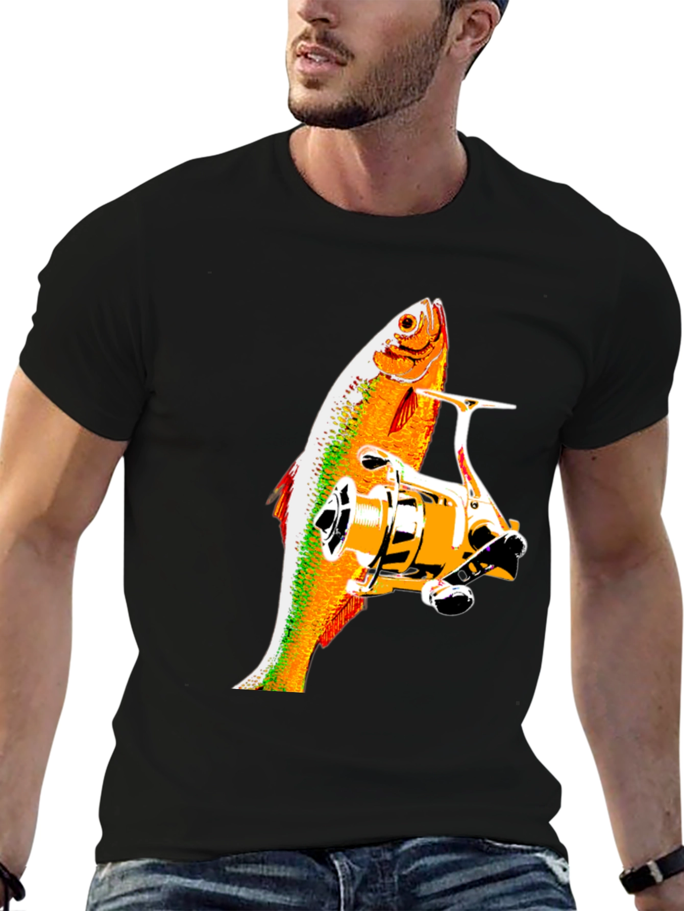 Black Fishing Reel & Fish Graphic Tee - Black Cotton Shirt view 6