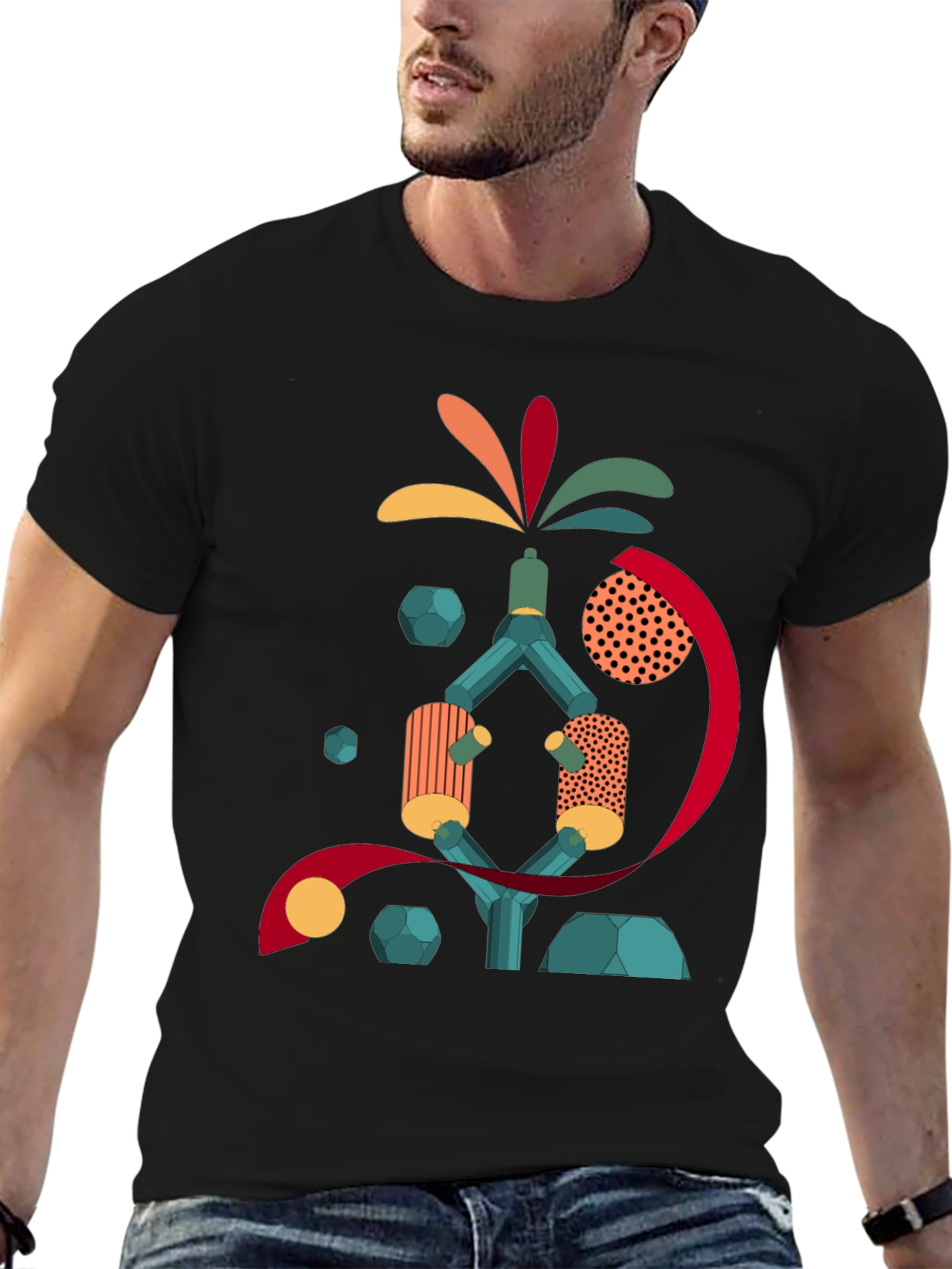 Black Abstract Geometric Design Black Cotton T-Shirt view 6