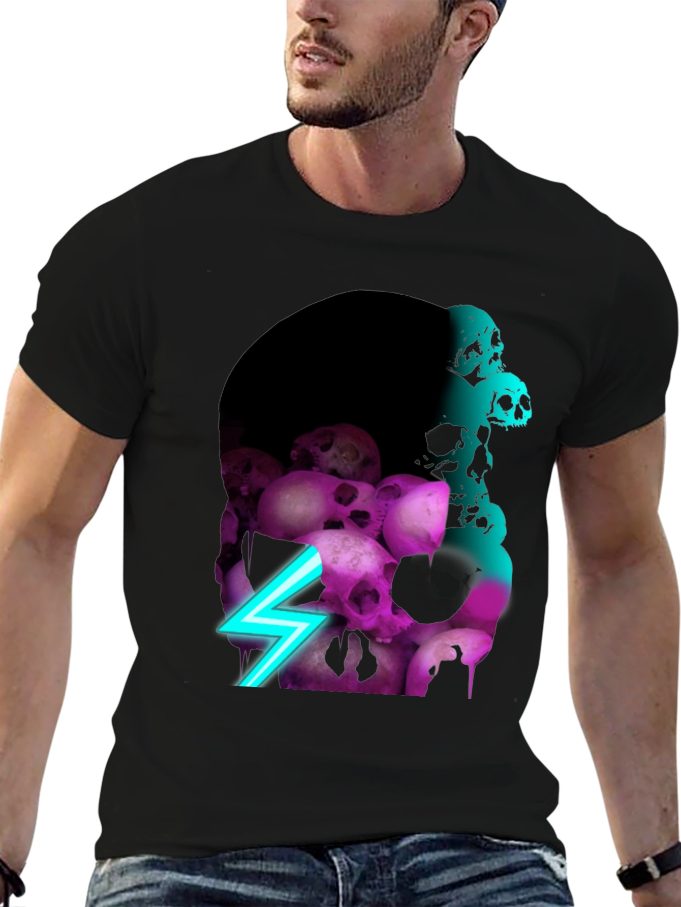 Black Skull Pile Graphic Tee - Neon Lightning Bolt Design view 6