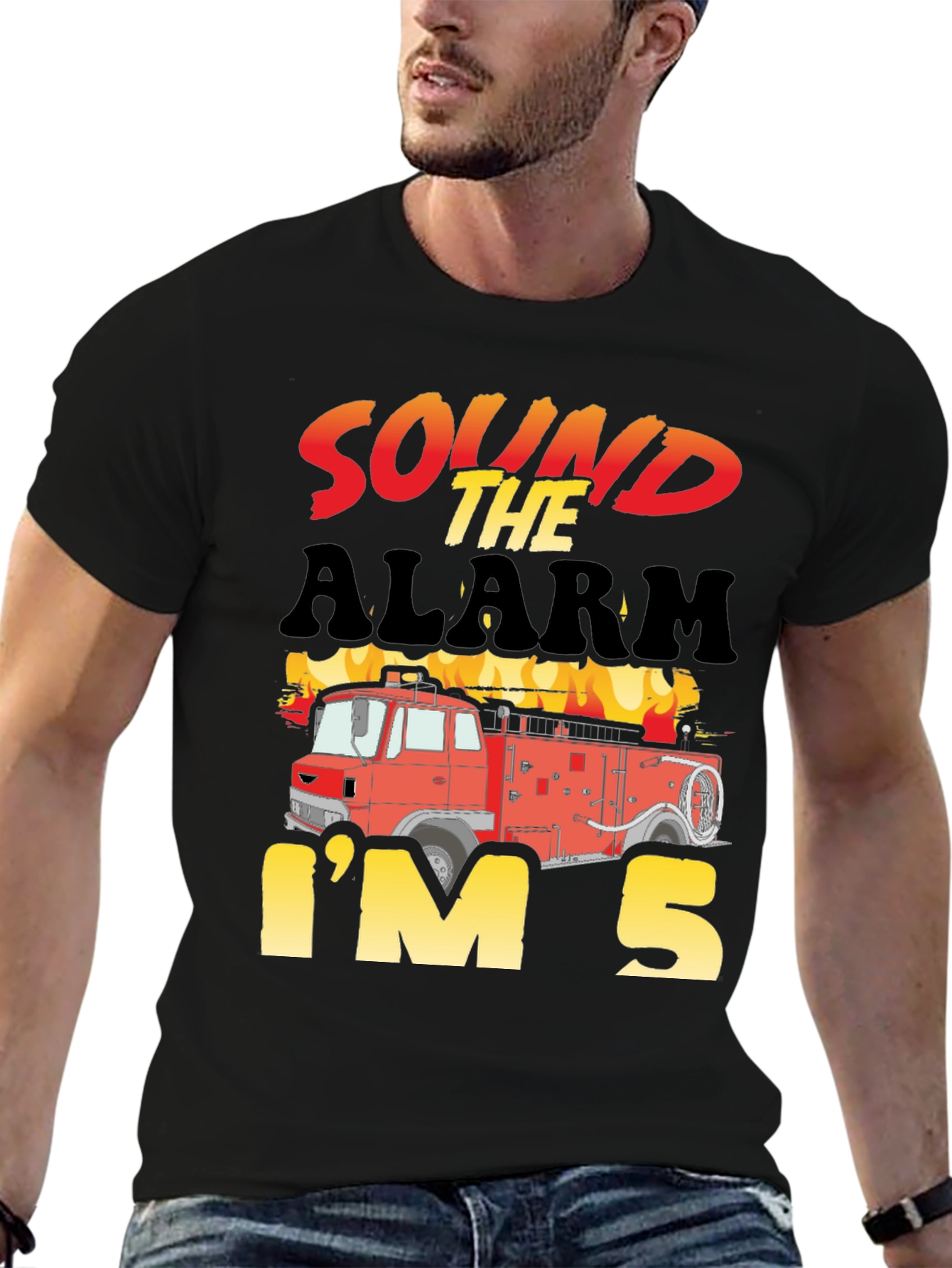 Black Sound the Alarm, I'm 5! Fire Truck Kids Birthday T-Shirt view 6