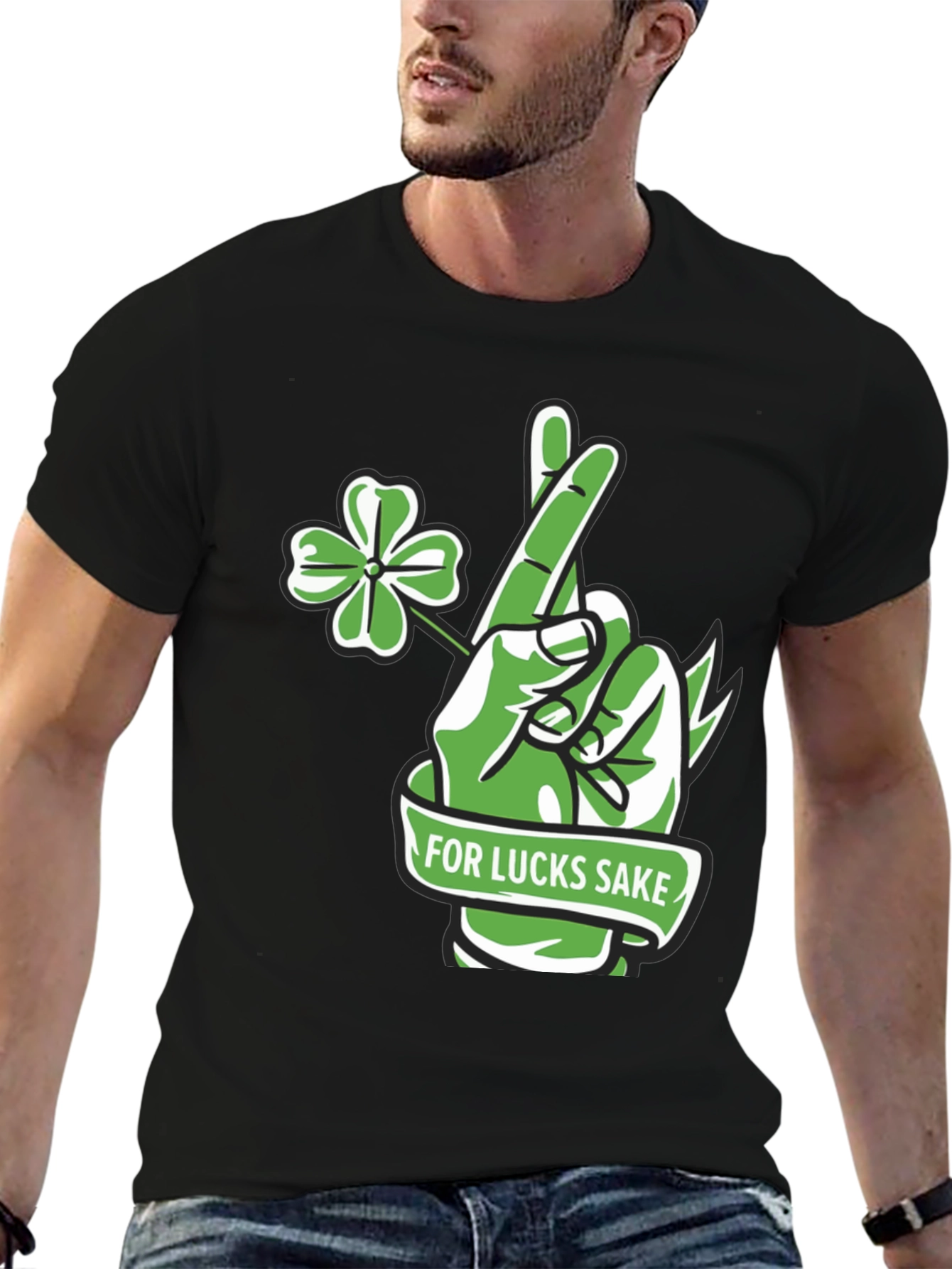 Black Lucky Charm T-Shirt - 'For Lucks Sake' Design view 6