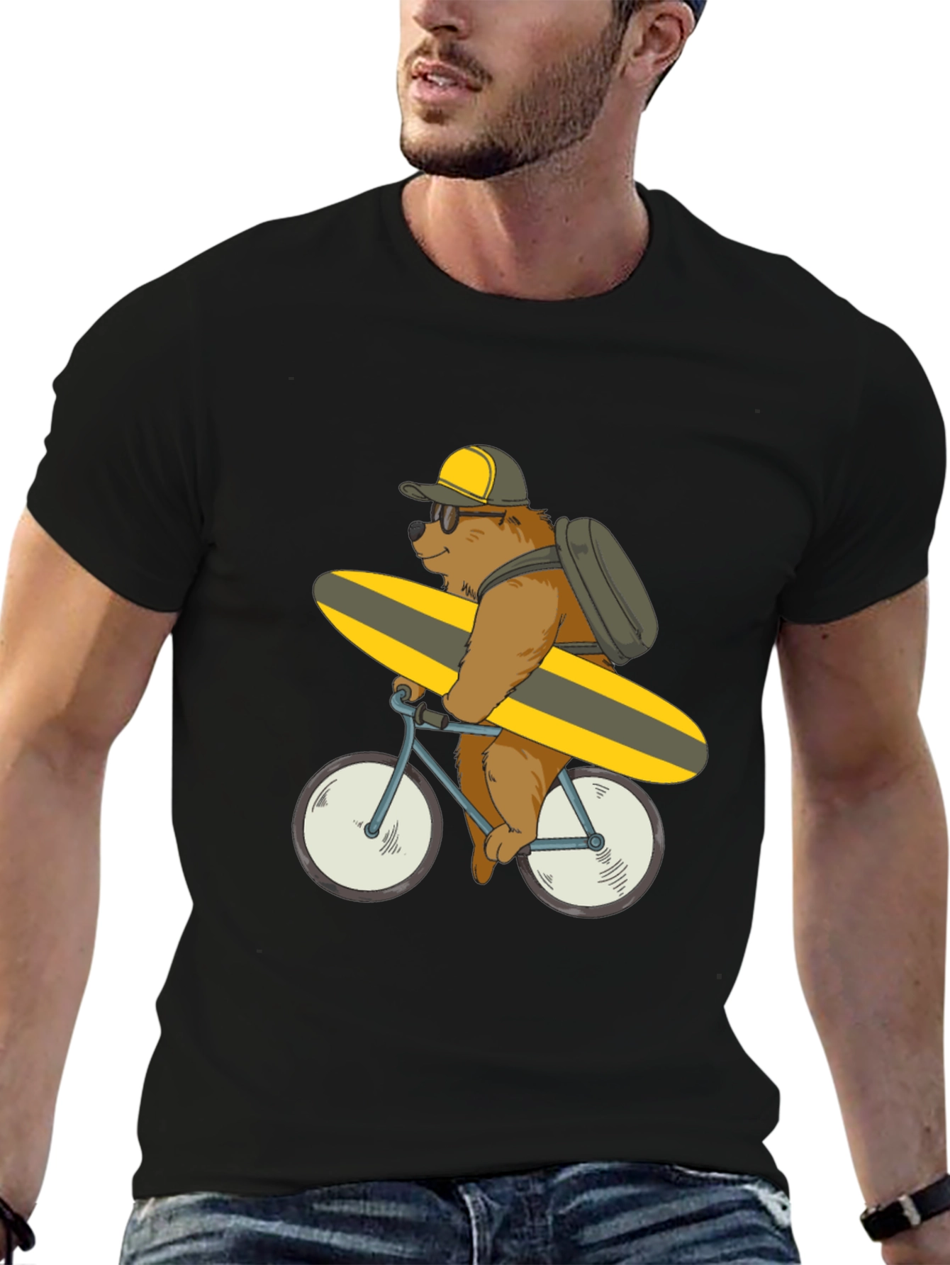 Black Bear on Bike T-Shirt - Surfing Bear Tee view 6