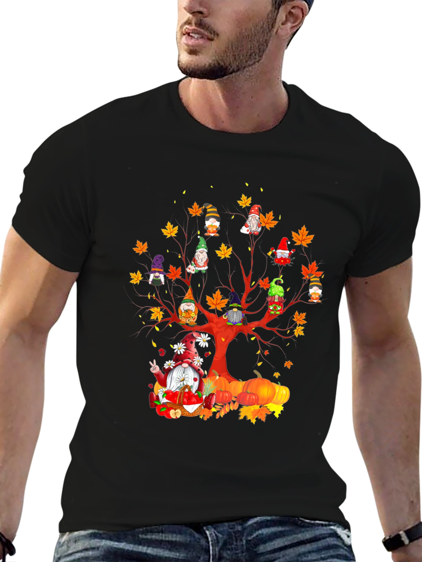 Black Fall Gnomes T-Shirt - Autumn Harvest Tree Design view 6