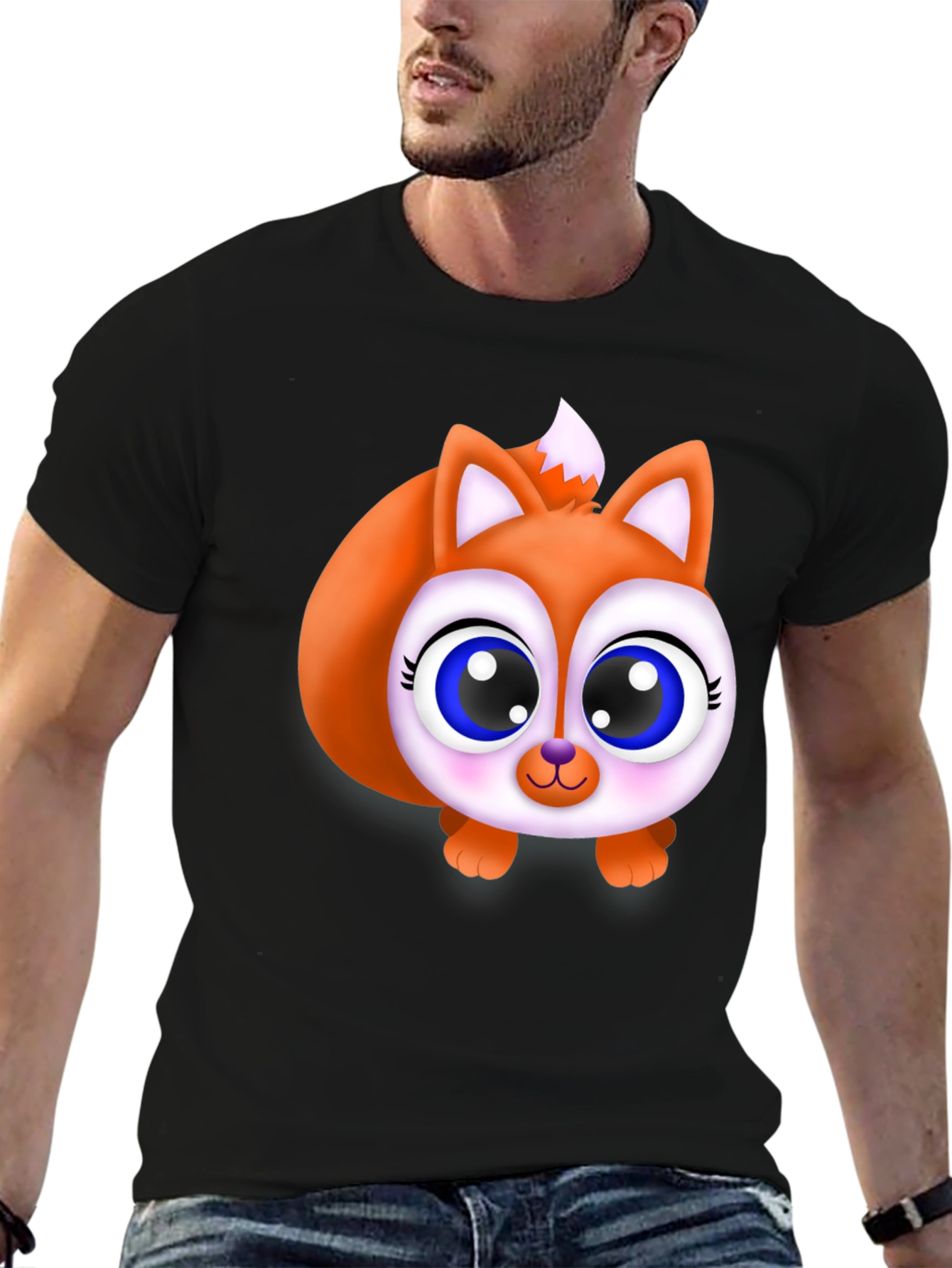 Black Cute Fox Graphic Tee - Black Cotton Blend Shirt view 6