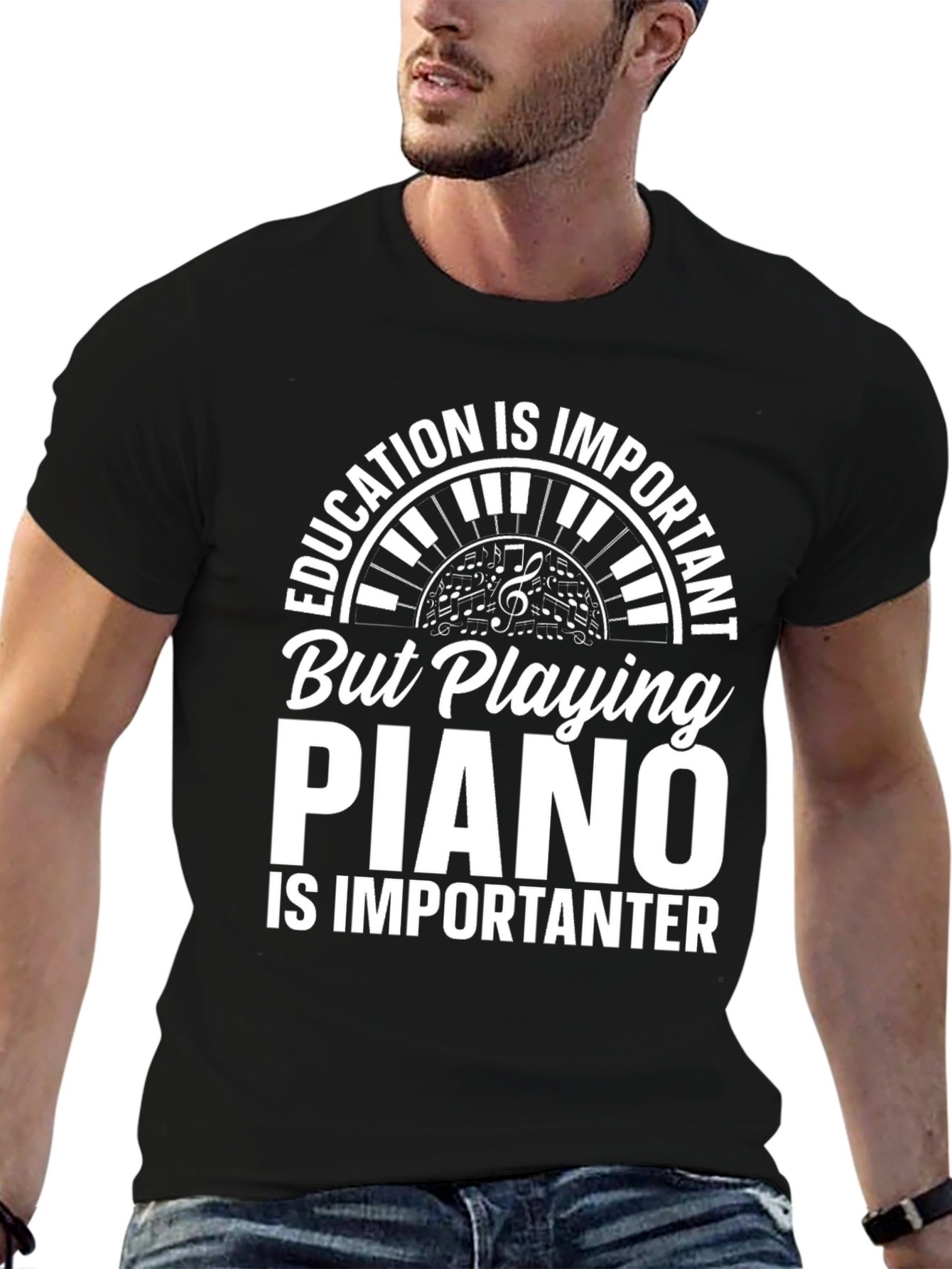 Black Funny Piano Player T-Shirt: Education is Important Tee view 6