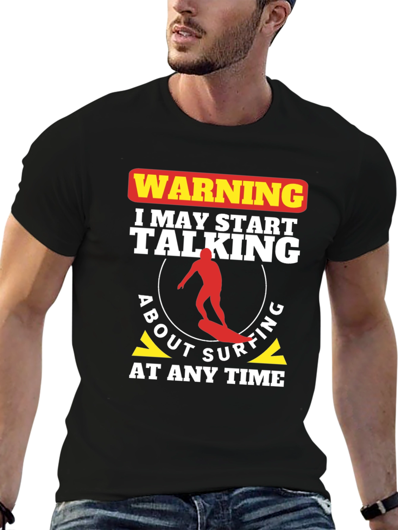 Black Surfing Warning Graphic T-Shirt - Surfer Gift Tee view 6