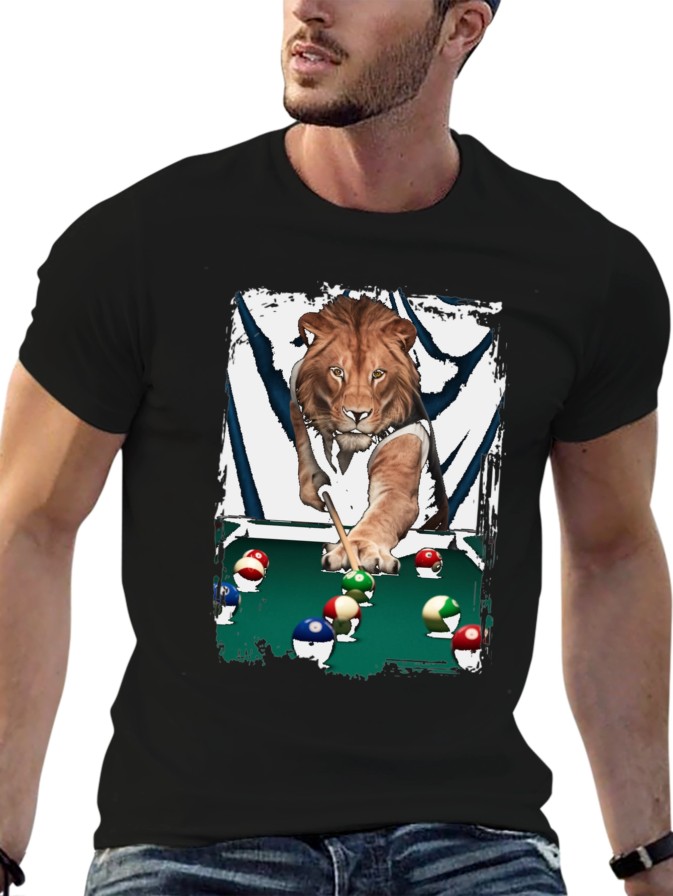 Black Lion Playing Pool T-Shirt - Unique Graphic Tee view 6