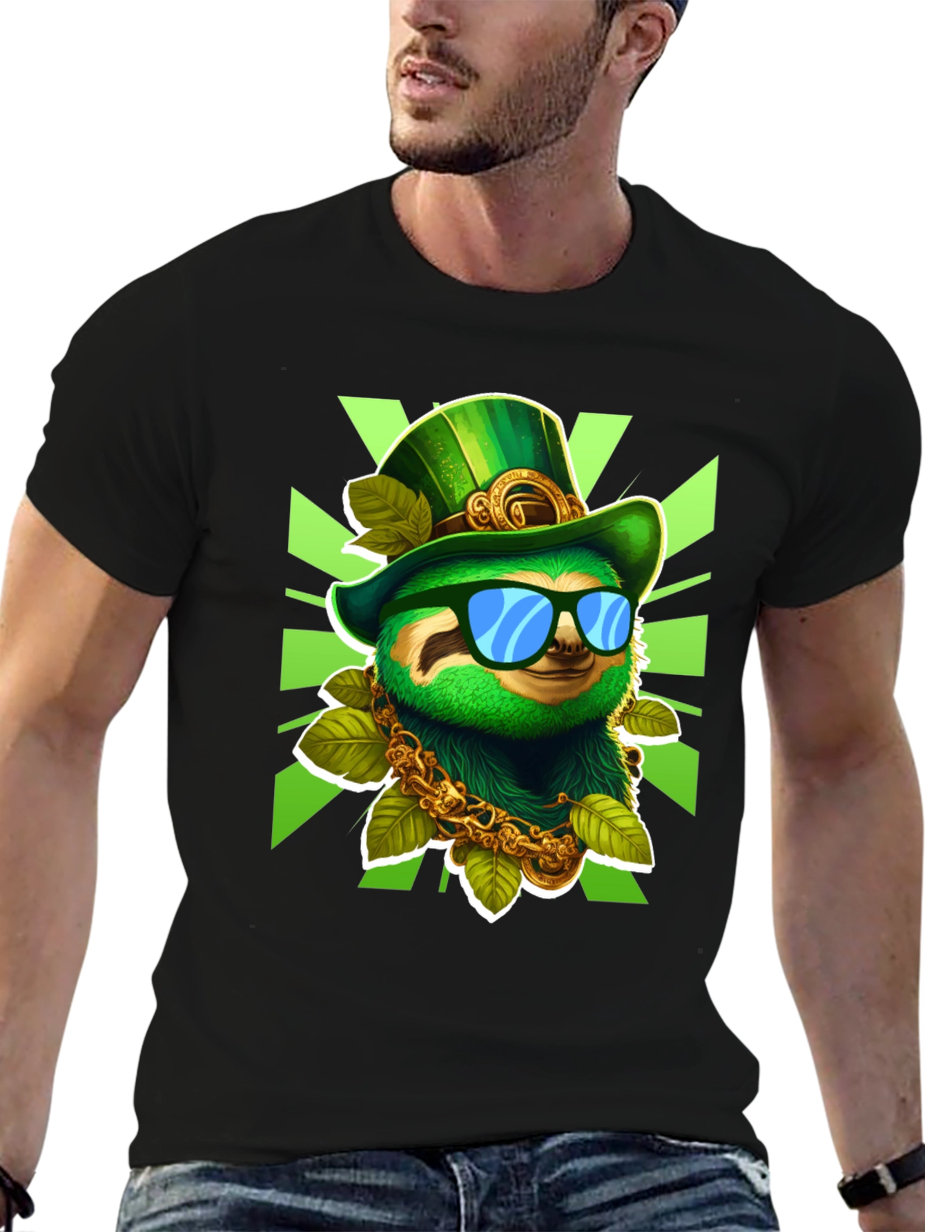 Black Lucky Sloth St. Patrick's Day T-Shirt view 6