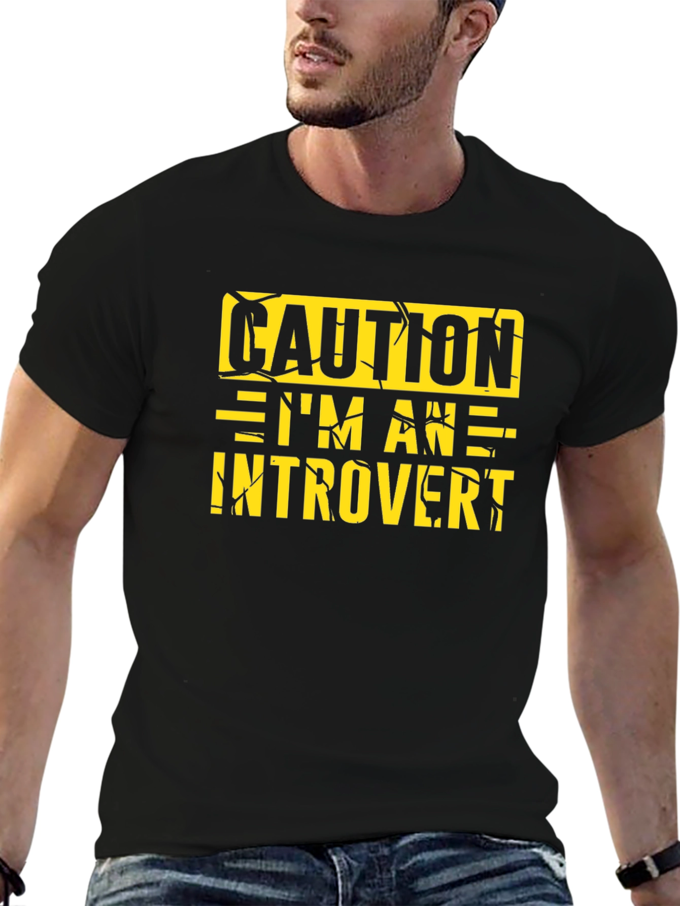 Black Caution Introvert Graphic Tee - Black Crew Neck view 6