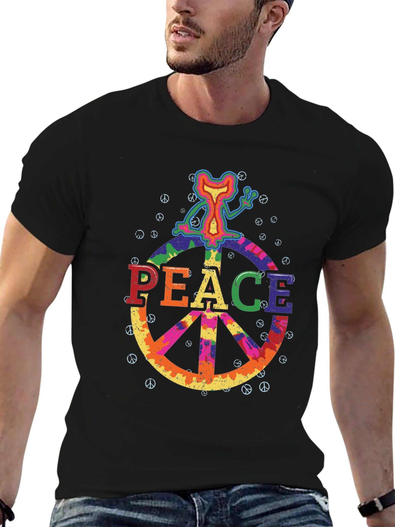 Black Retro Peace Sign Graphic Tee - Black Cotton T-Shirt view 6