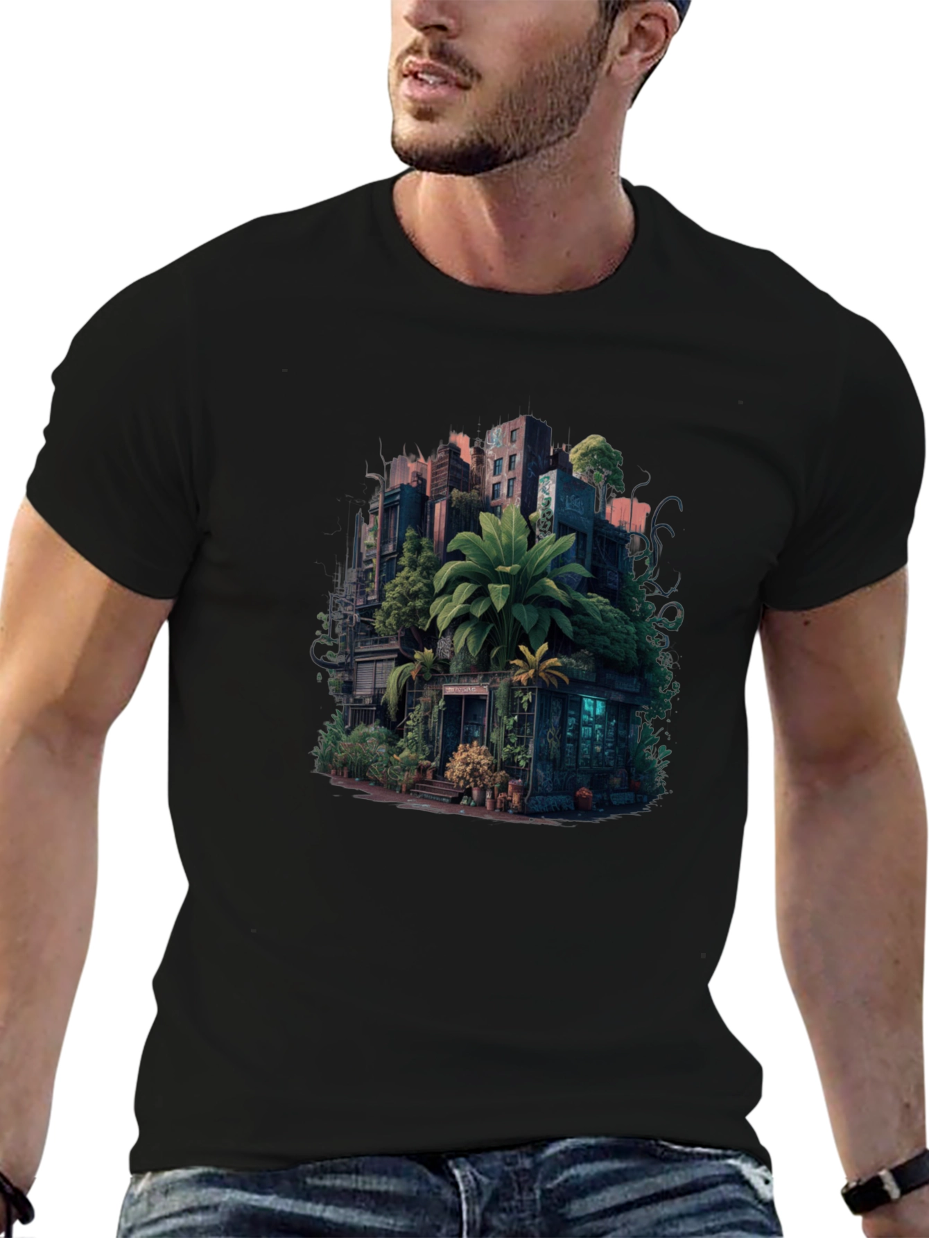 Black Urban Jungle T-Shirt: City Meets Nature Tee view 6
