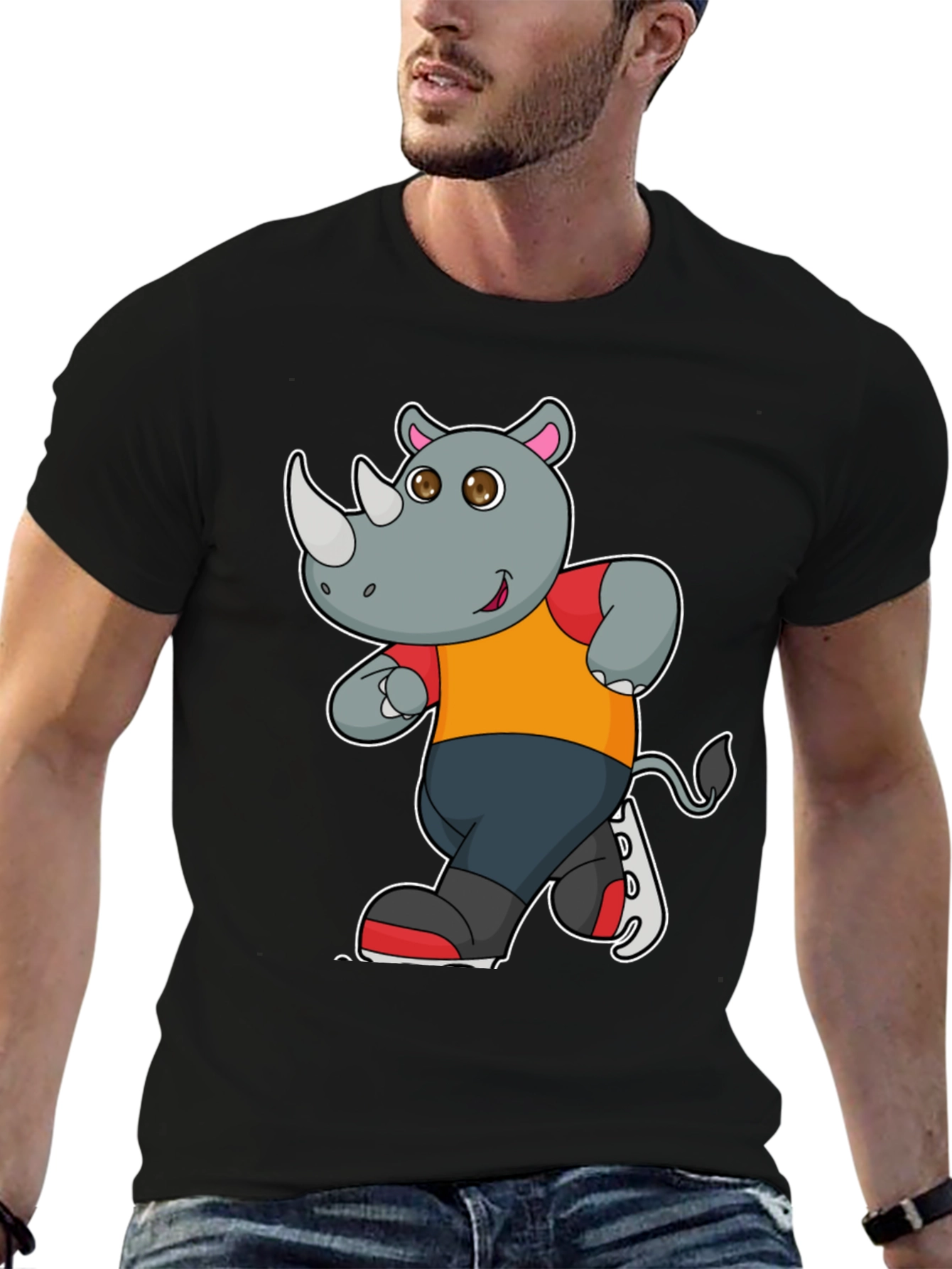 Black Rhino Cartoon Graphic T-Shirt - Black Cotton Tee view 6
