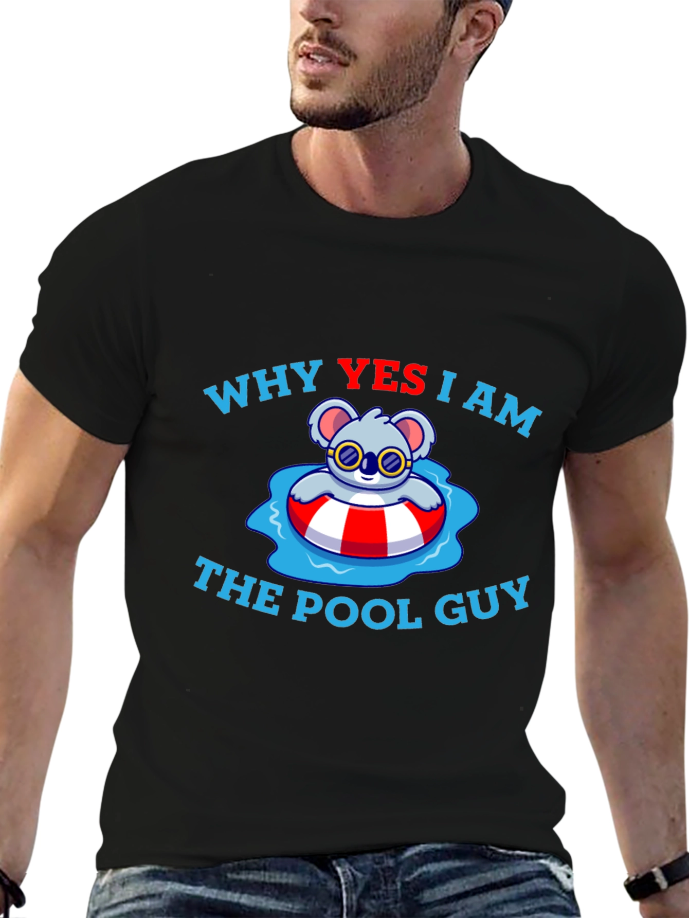 Black Funny Koala Pool Guy T-Shirt - Black view 6