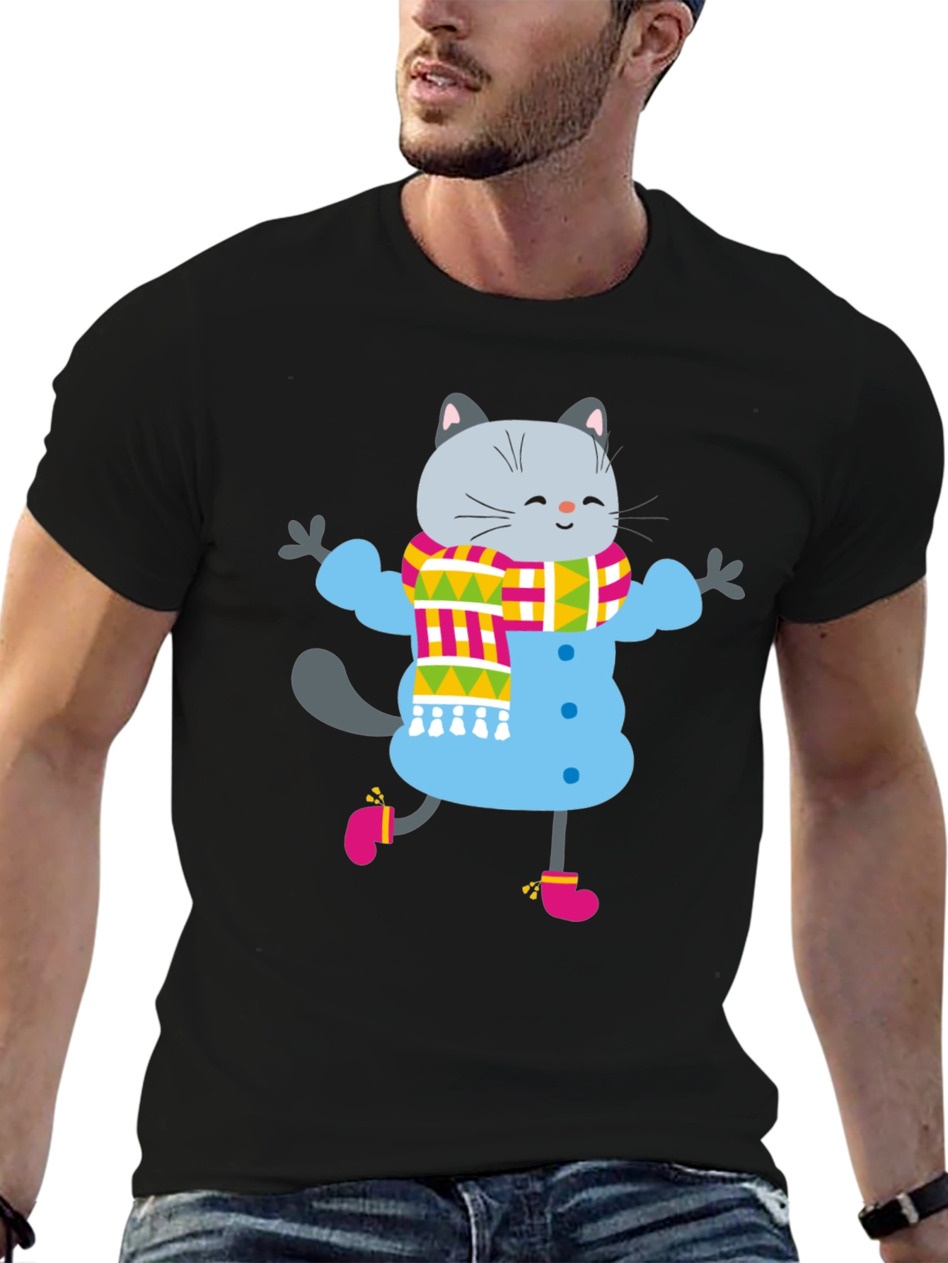 Black Winter Cat Graphic Tee - Fun & Festive view 6