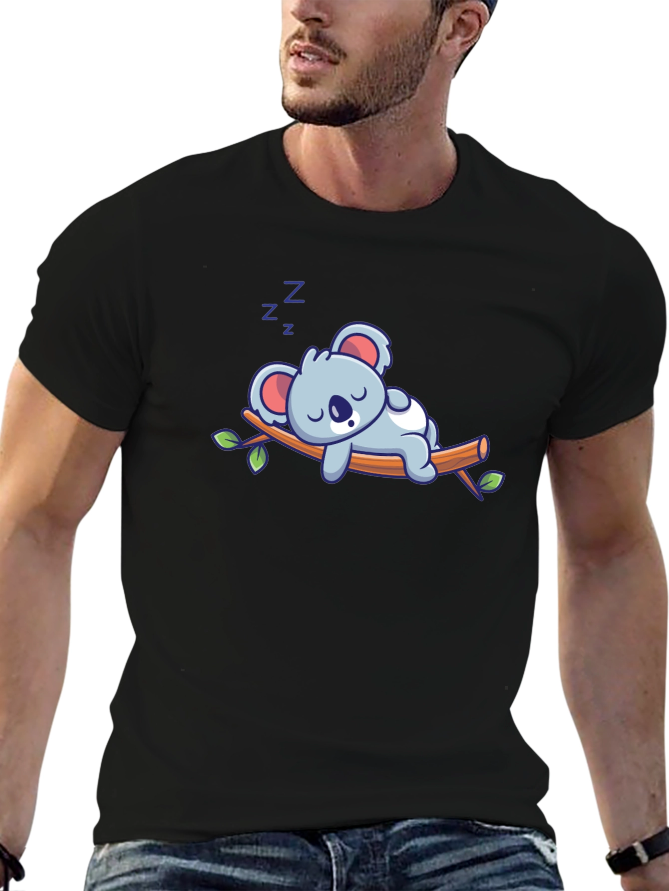 Black Cute Sleeping Koala T-Shirt - Soft Cotton Blend view 6