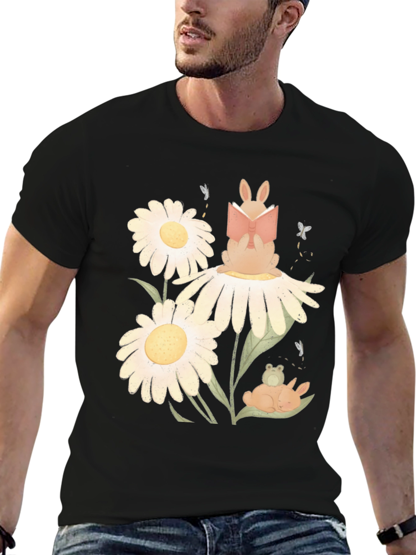 Black Whimsical Reading Bunny Graphic Tee view 6