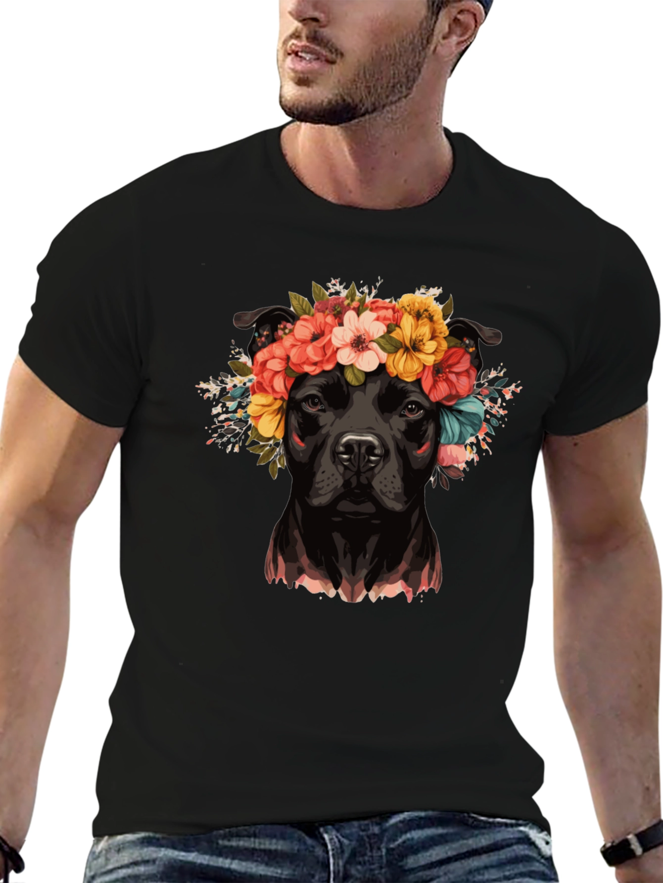 Black Dog with Flower Crown T-Shirt view 6