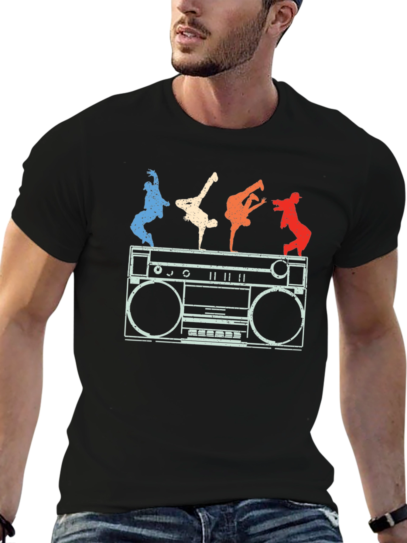 Black Retro Boombox & B-Boys Graphic T-Shirt view 6