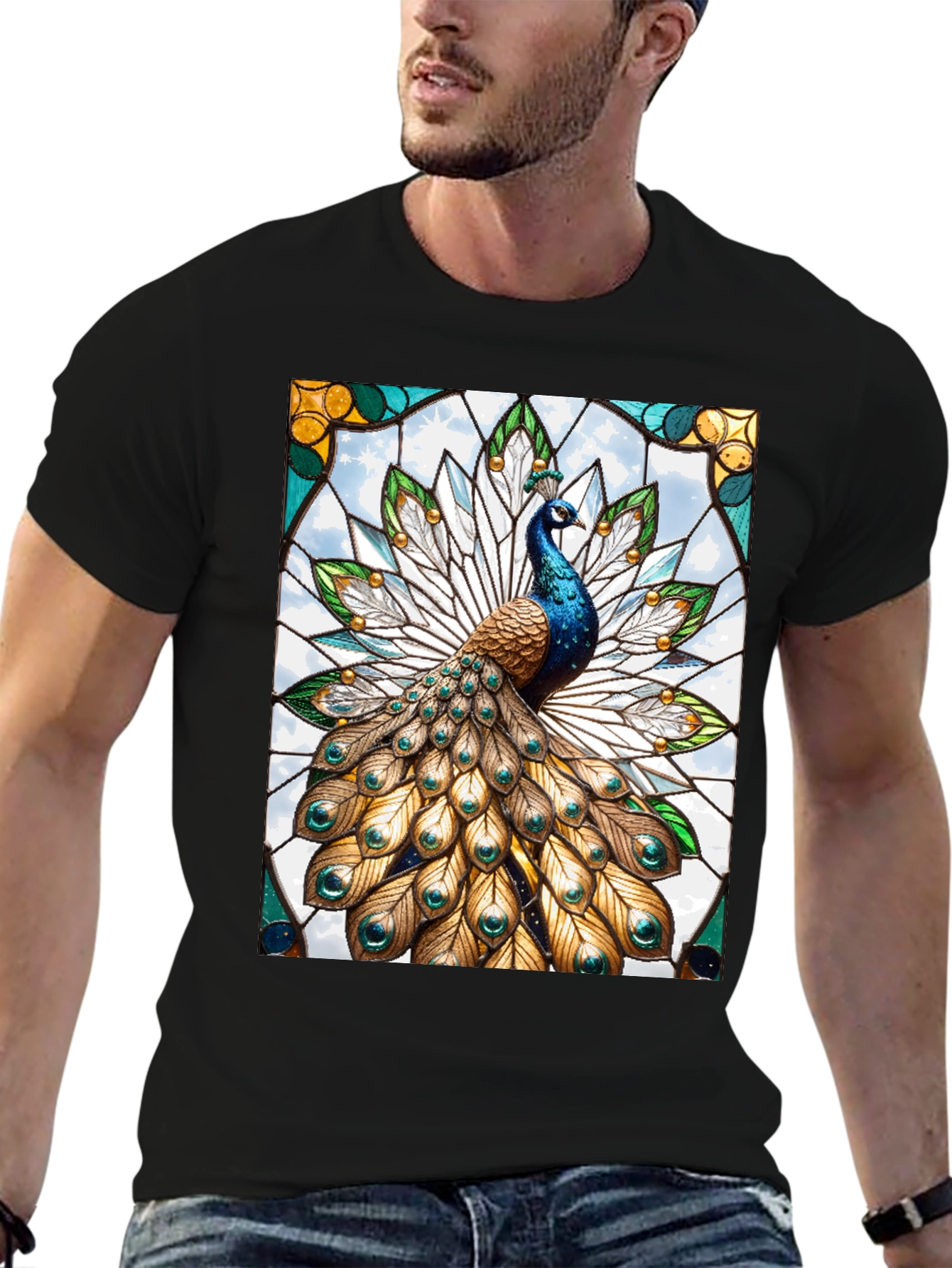 Black Peacock Stained Glass Graphic T-Shirt view 6