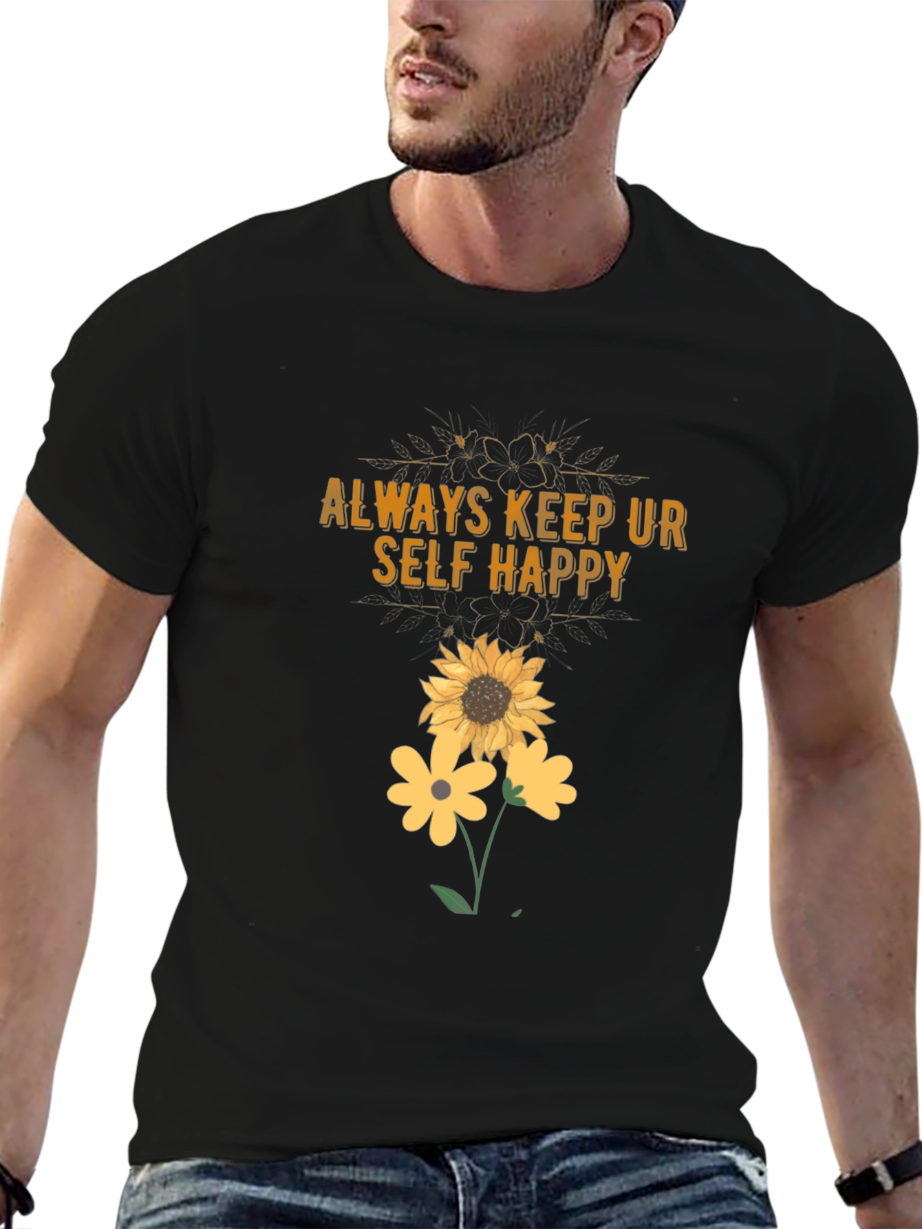 Black Always Keep Ur Self Happy T-Shirt Sunflower Graphic Tee view 6