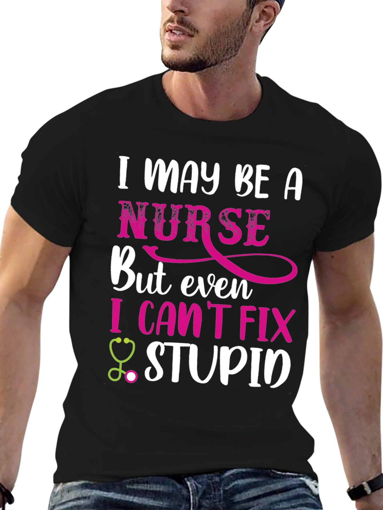 Black Funny Nurse T-Shirt - I Can't Fix Stupid view 6