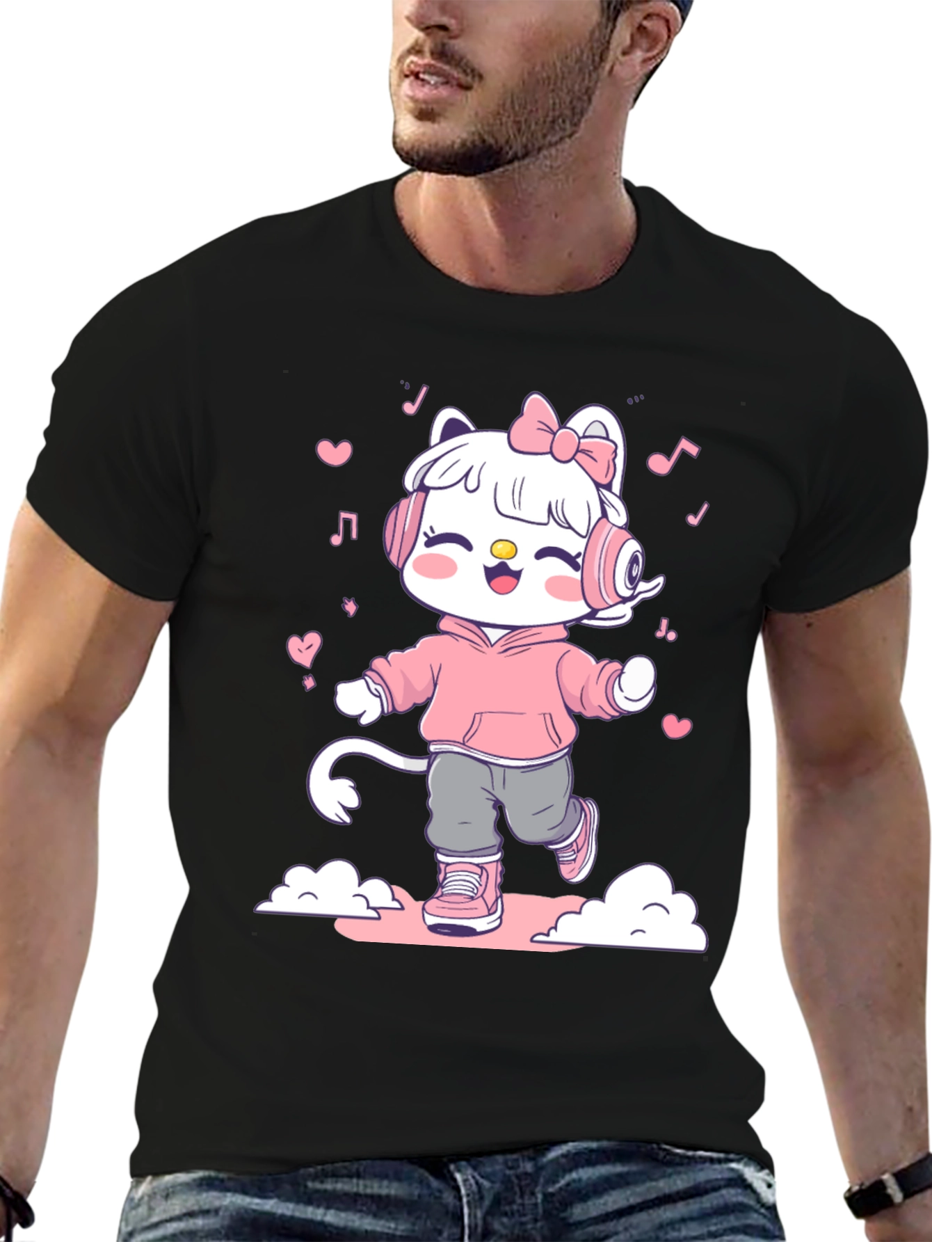 Black Cute Cartoon Cat on Black T-Shirt view 6