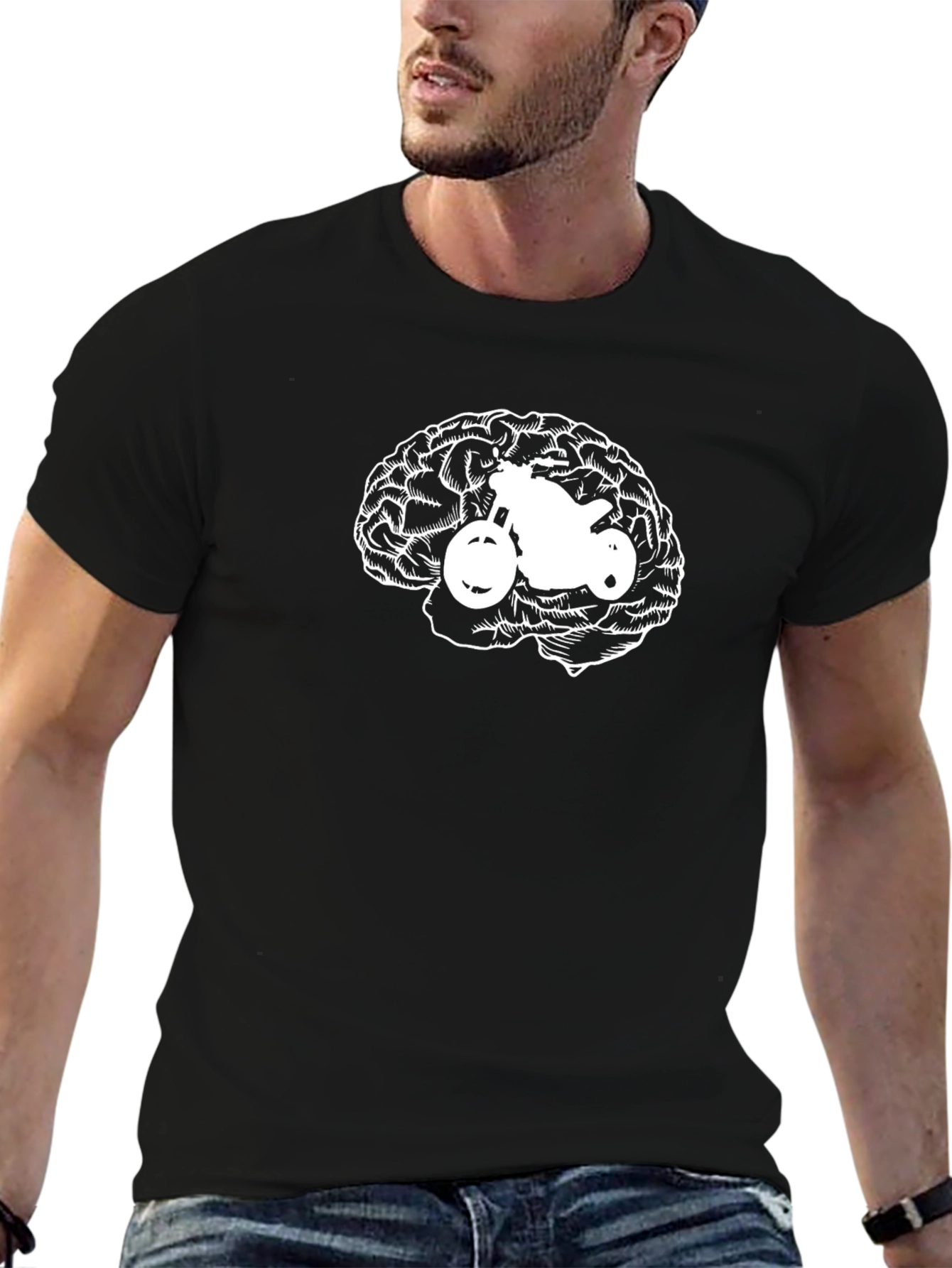 Black Motorcycle Brain T-Shirt - Black Crew Neck view 6