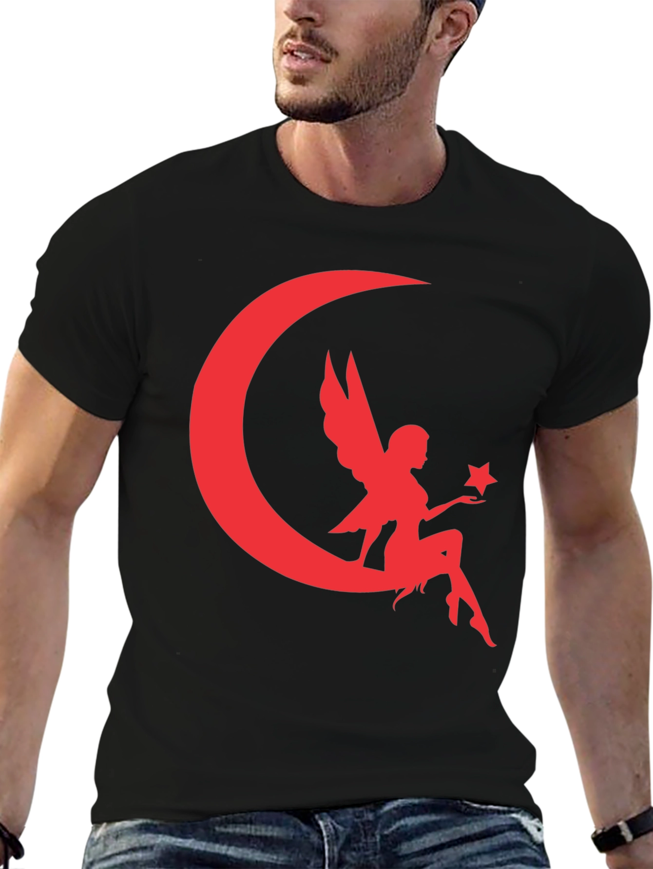 Black Fairy Moon Graphic Tee - Black Cotton Blend T-Shirt view 6