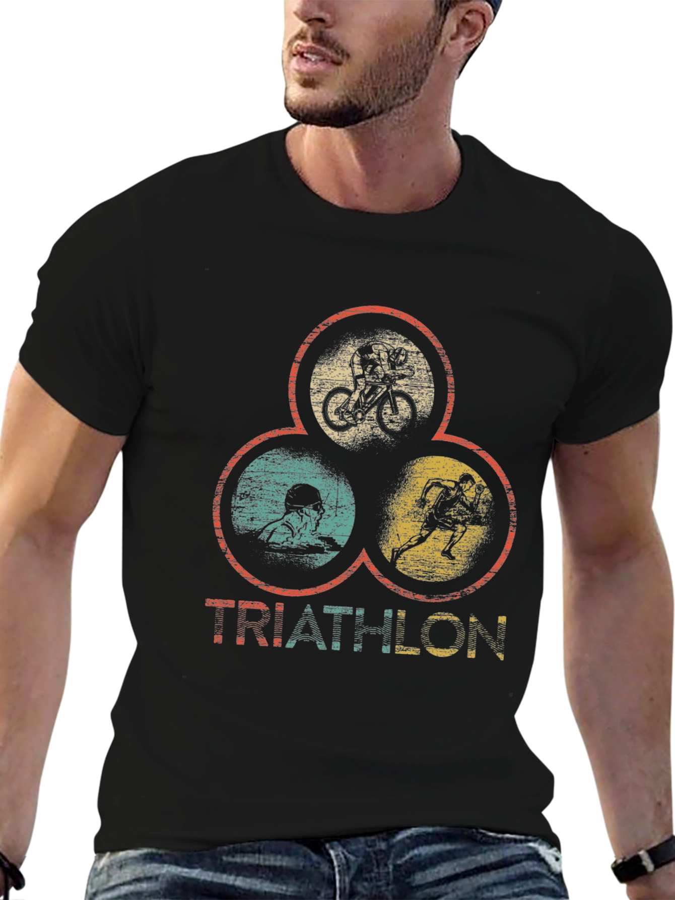 Black Triathlon T-Shirt: Vintage Style Sports Tee view 6