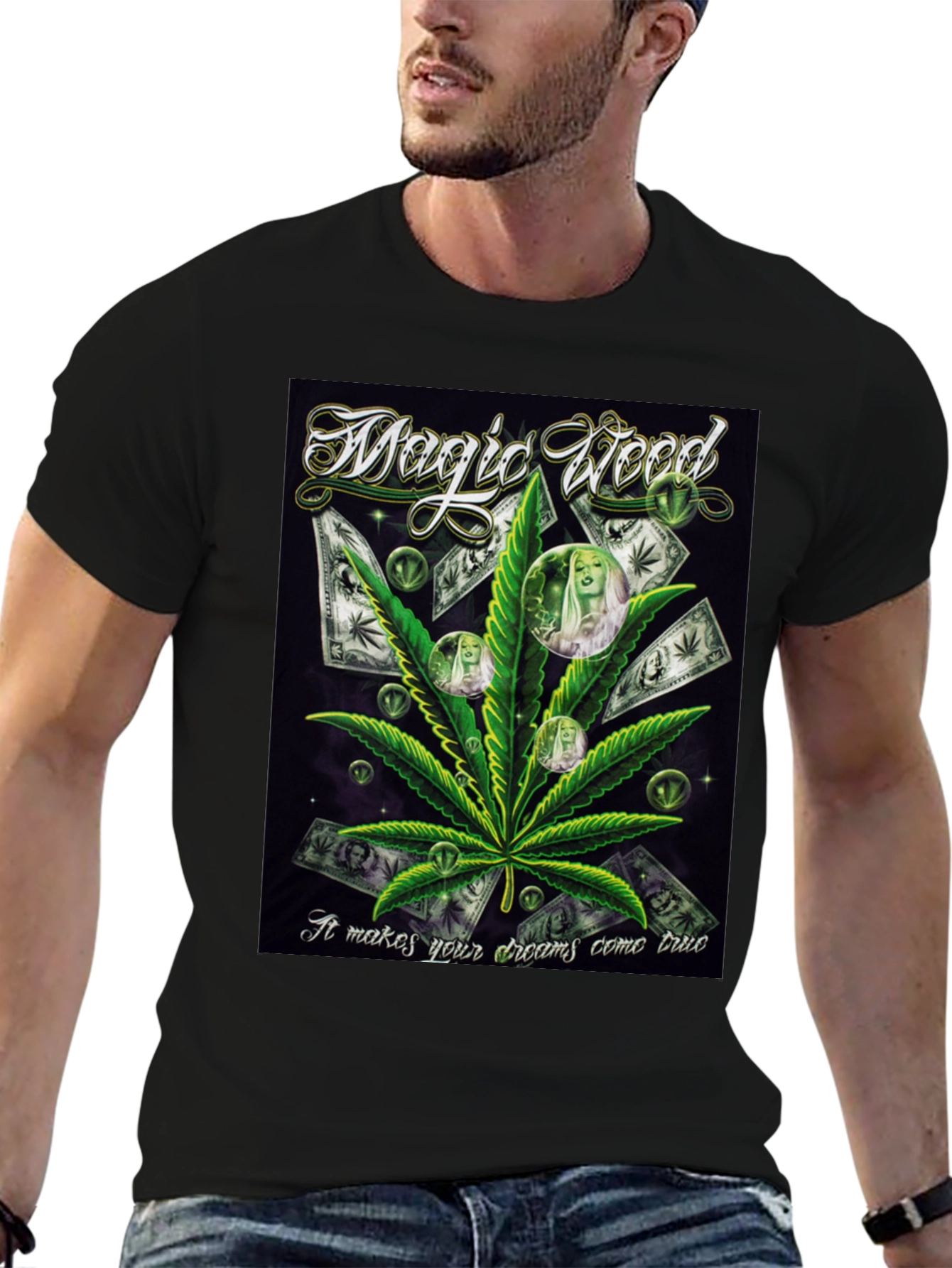 Black Magic Weed Graphic Print Black T-Shirt view 6