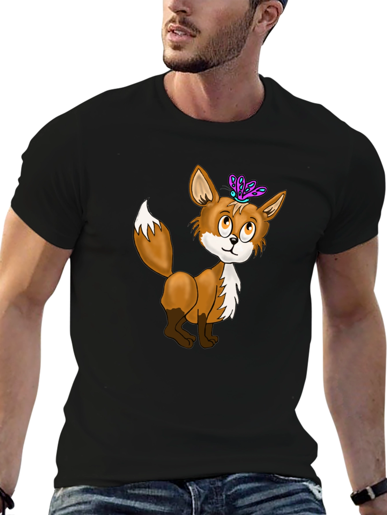 Black Fox & Butterfly Graphic Tee - Black Cotton T-Shirt view 6