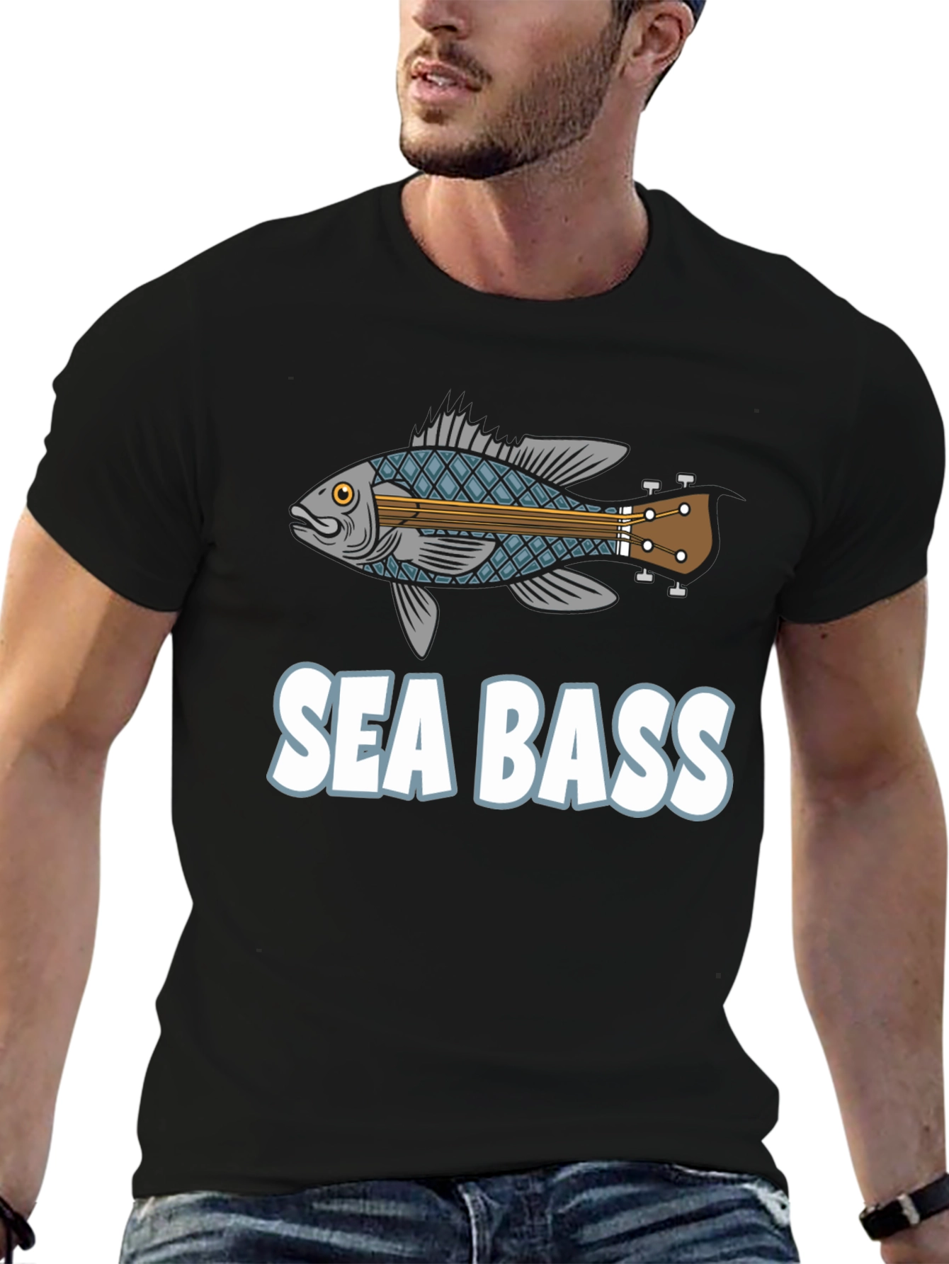 Black Sea Bass Guitar T-Shirt - Funny Music Fishing Tee view 6