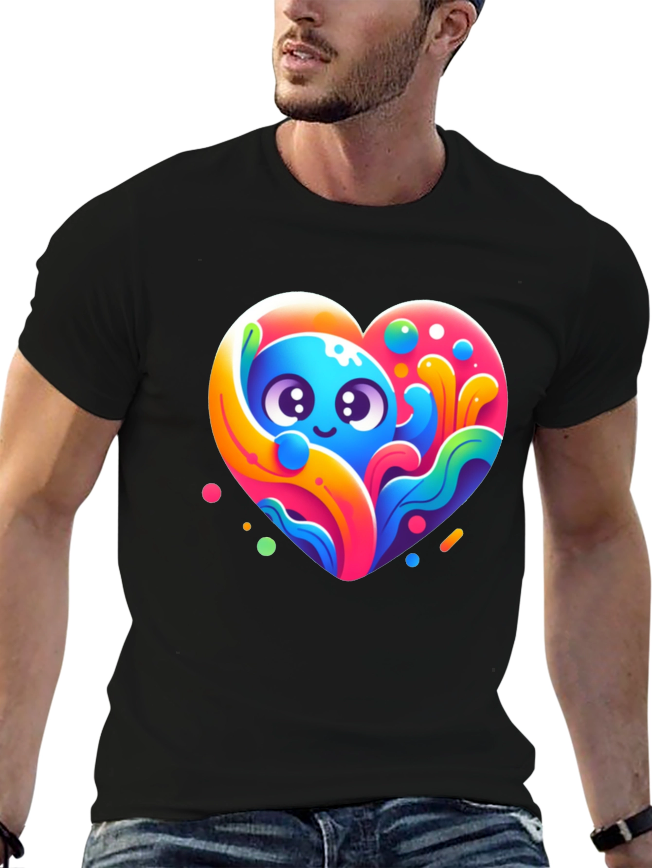 Black Cute Cartoon Heart Graphic Black T-Shirt view 6