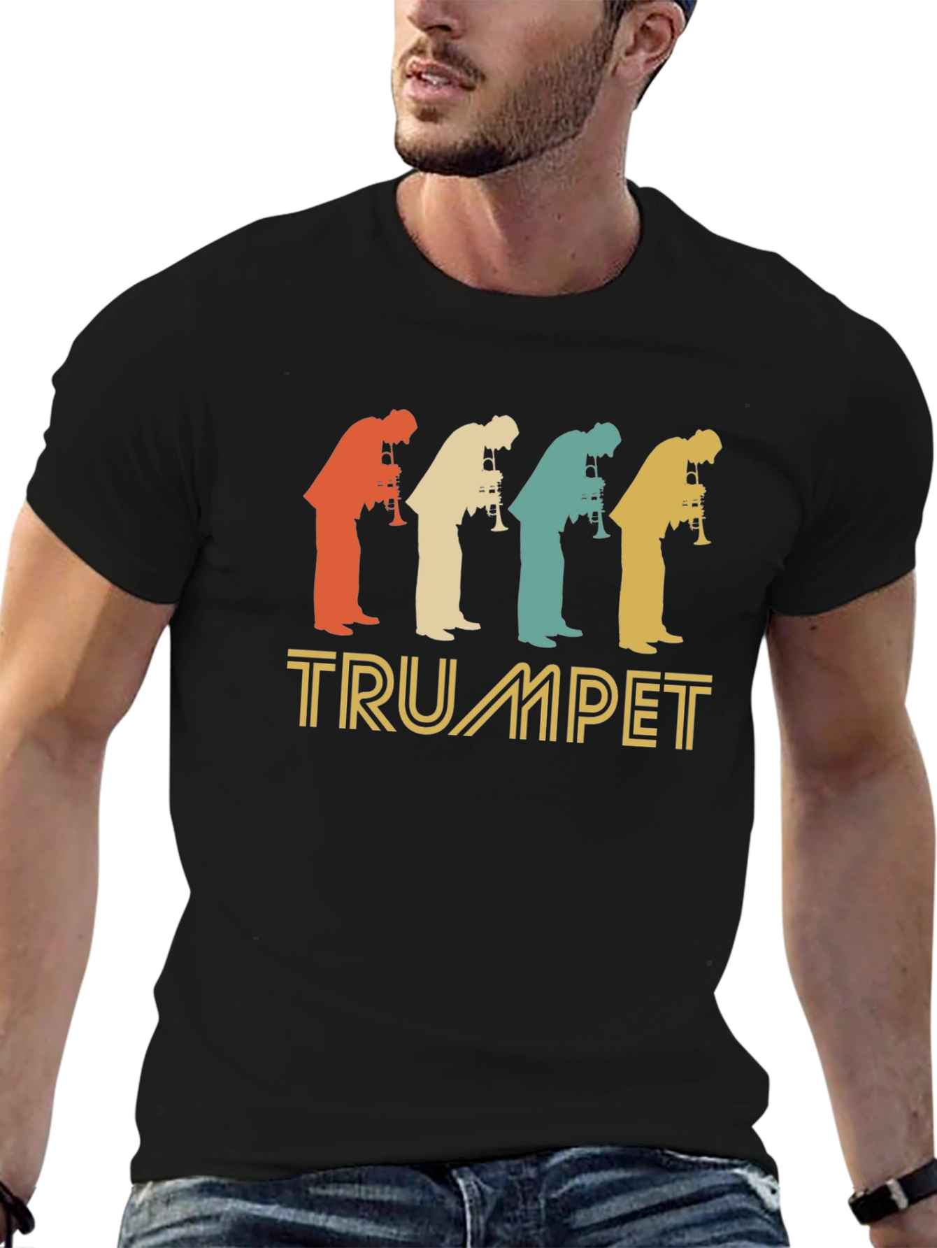 Black Vintage Trumpet Player Silhouette T-Shirt view 6