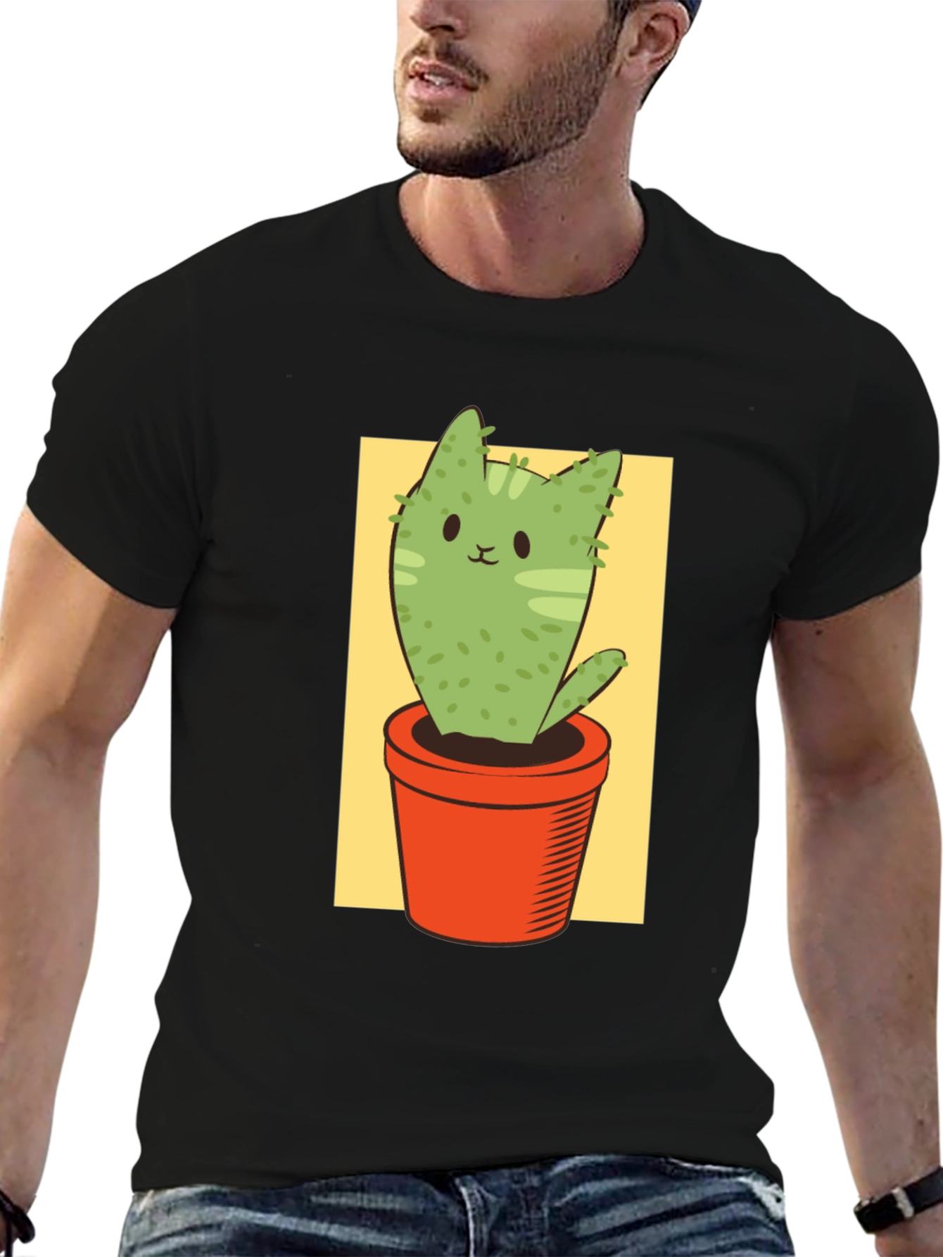 Black Cat Cactus Graphic Tee - Unisex Black T-Shirt view 6