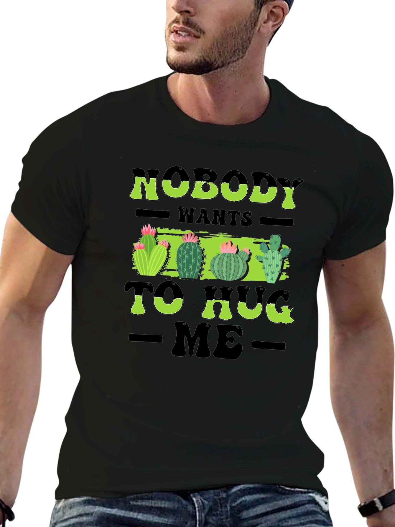 Black Nobody Wants to Hug Me Cactus T-Shirt view 6
