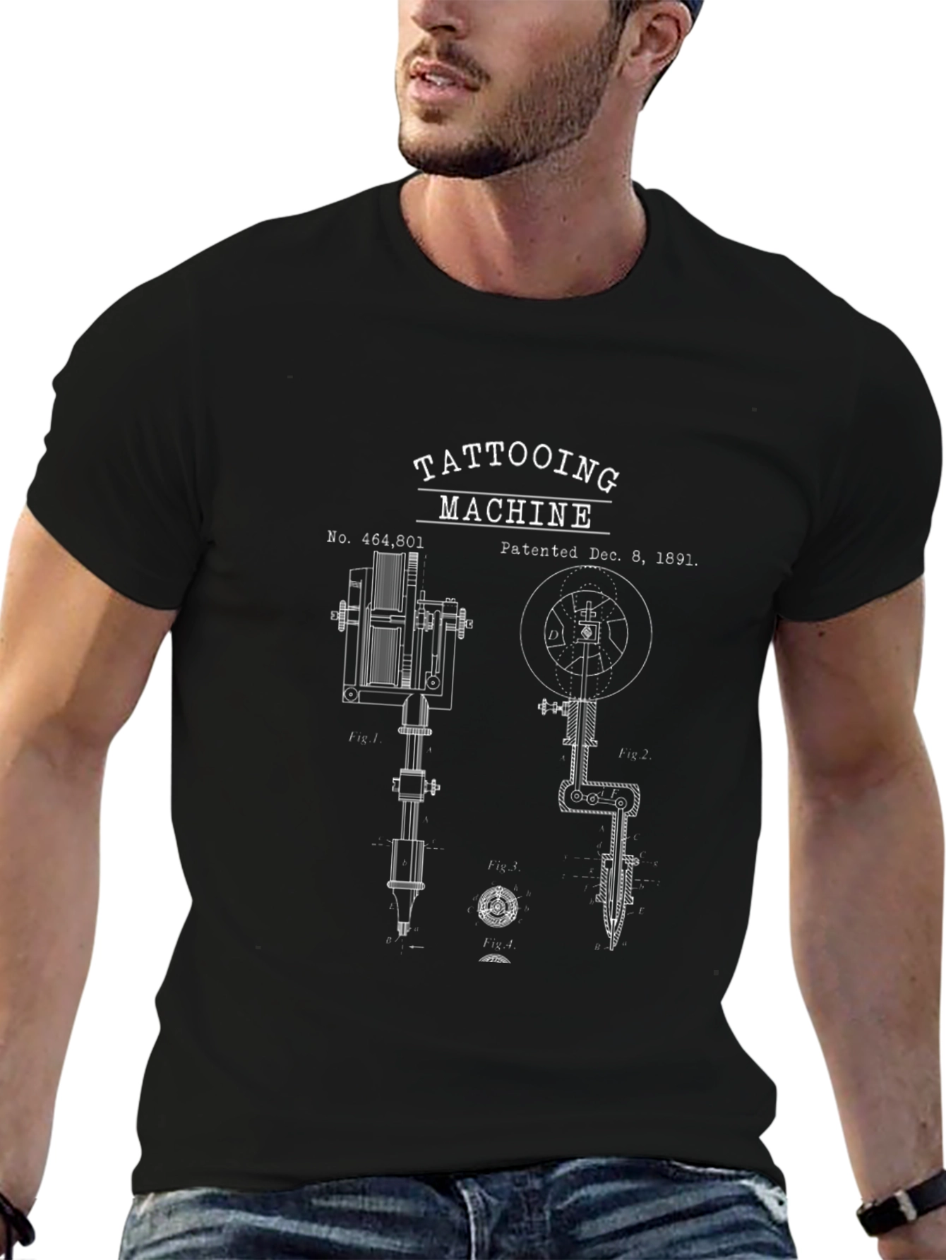 Black Vintage Tattoo Machine Blueprint Graphic T-Shirt view 6