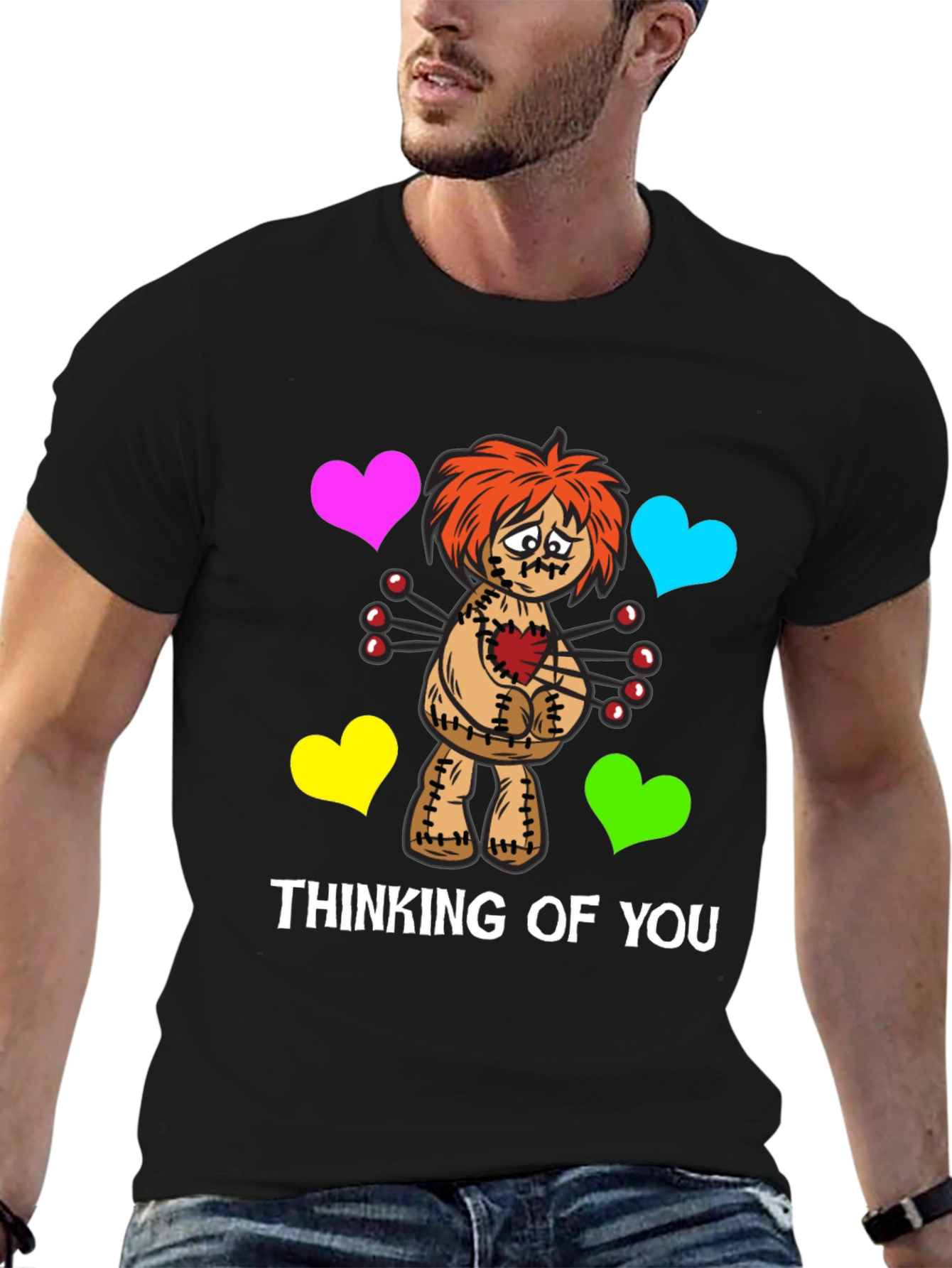 Black Thinking of You Voodoo Doll Graphic T-Shirt view 6