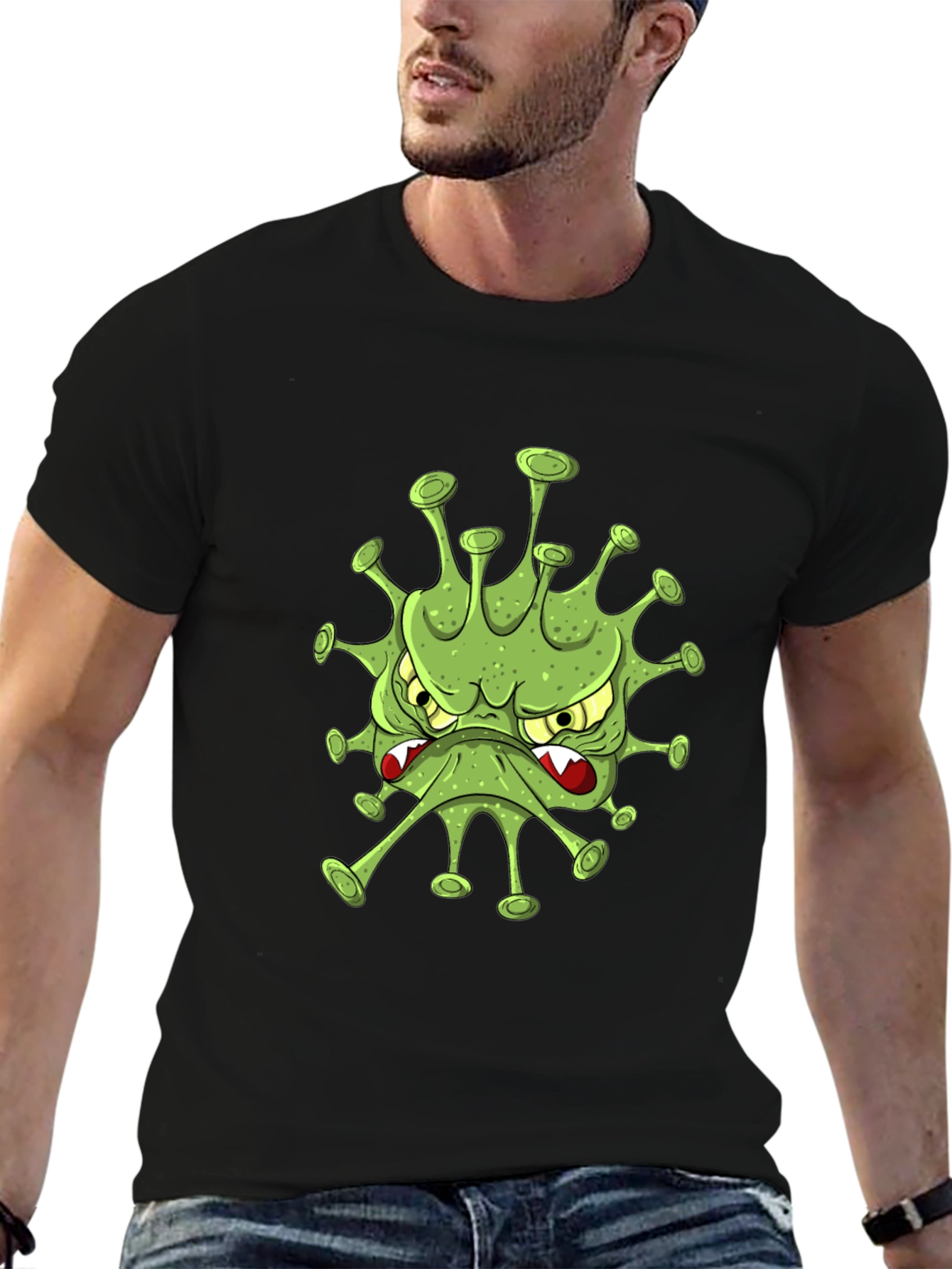 Black Men's Black T-Shirt with Cartoon Virus Design view 6